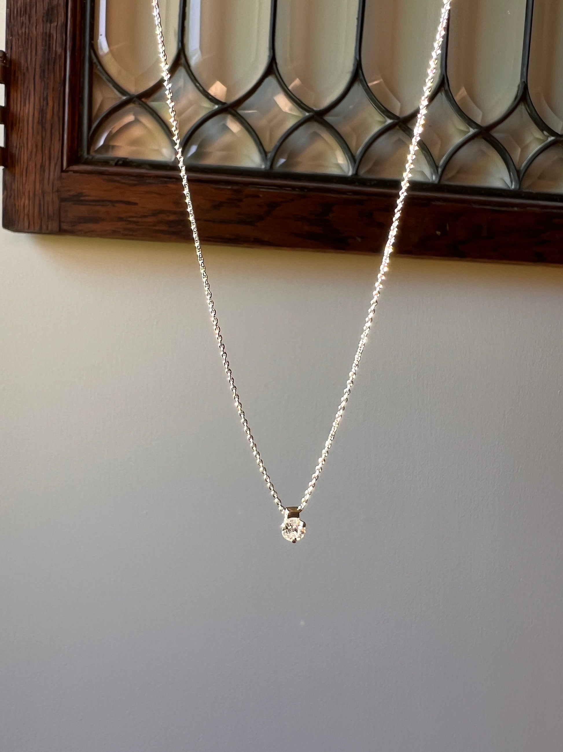 French Vintage .3 Carat Old Mine Cut DIAMOND Solitaire 18k White Gold Necklace Pendant Chain Antique Stone Minimalist Dainty OMC Neckmess
