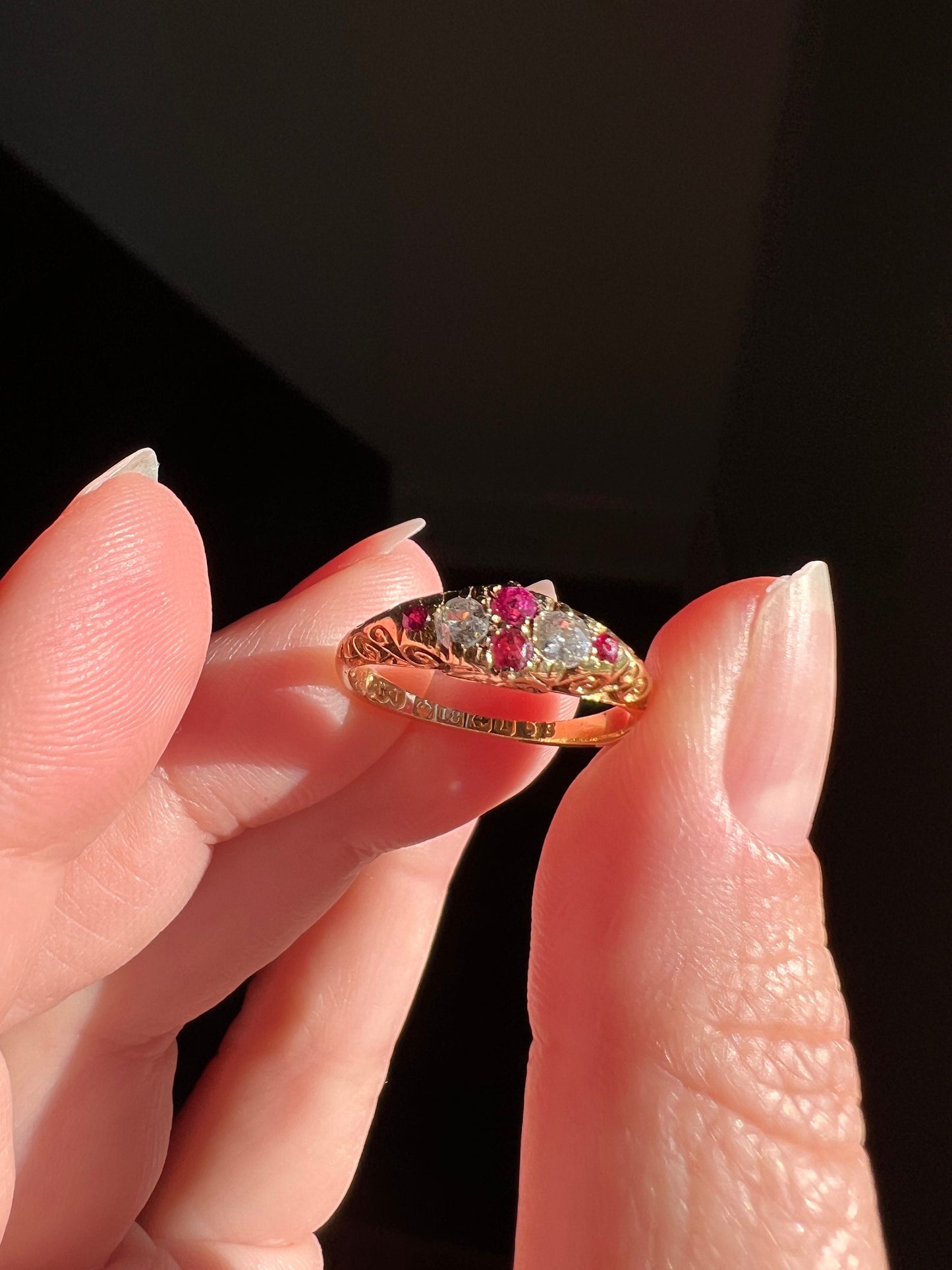 Scrolled Victorian Antique Ruby Old Mine Cut DIAMOND Stacker Band Ring 18k Gold Red Pink Romantic Gift Minimalist Skinny Ornate Kite