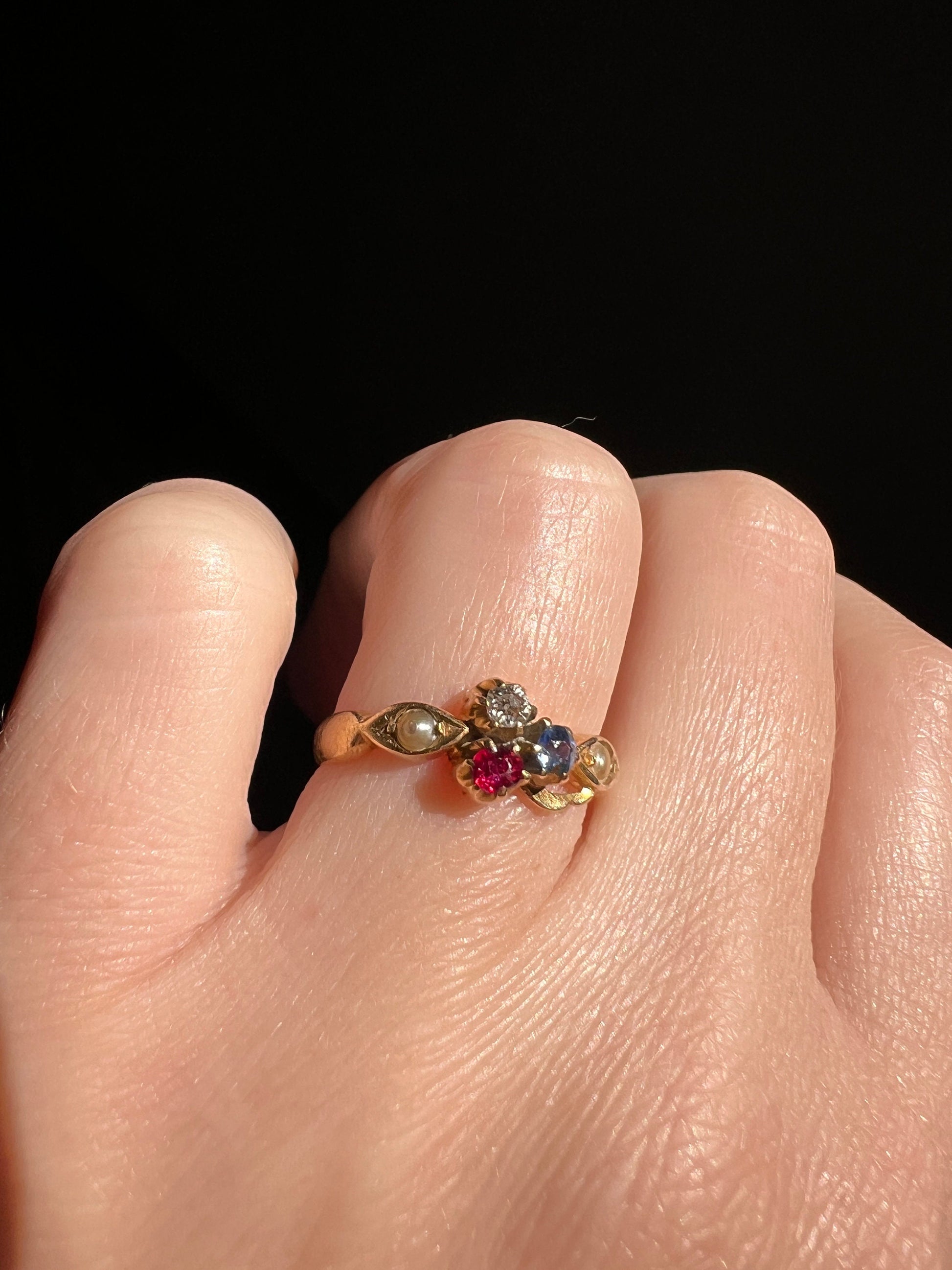 Victorian Antique CLOVER Ruby Old Mine Cut DIAMOND Sapphire Pearl Figural Stacker Band Ring 18k Gold Red Blue Good Luck Lucky Romantic Gift