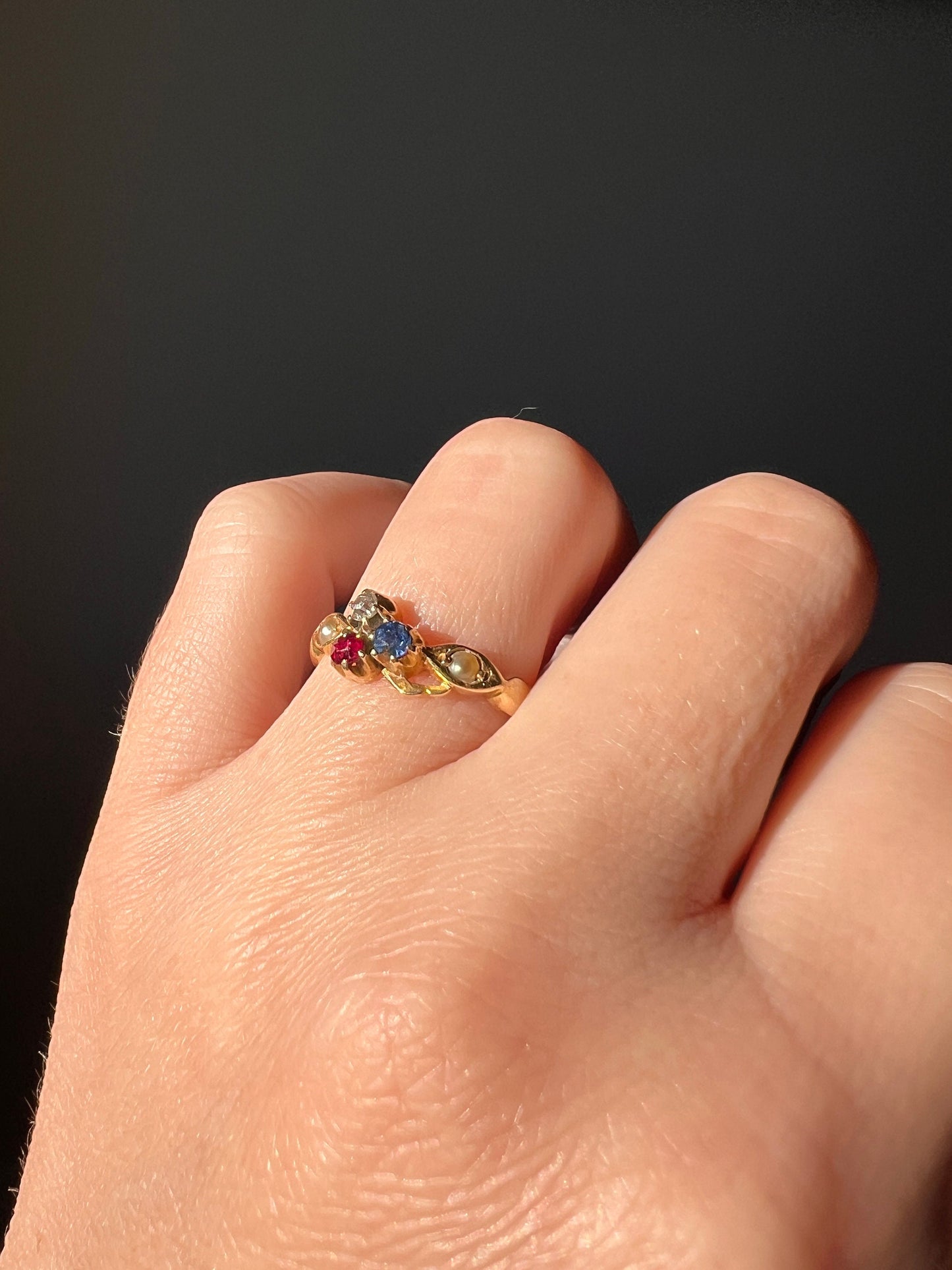 Victorian Antique CLOVER Ruby Old Mine Cut DIAMOND Sapphire Pearl Figural Stacker Band Ring 18k Gold Red Blue Good Luck Lucky Romantic Gift