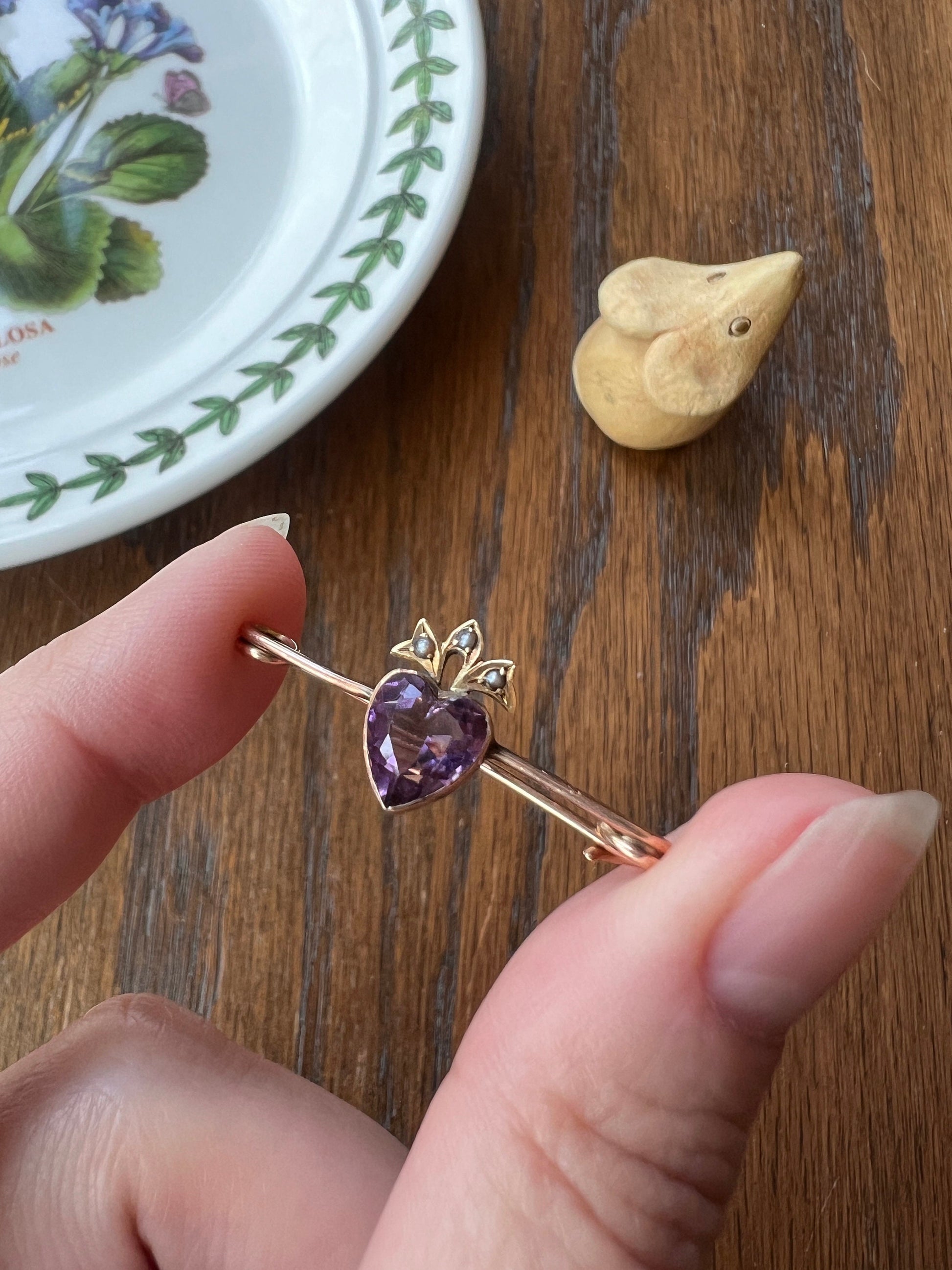 Crowned HEART Purple AMETHYST Pearl Safety Pin Figural 9k Gold Brooch Pendant Charm Holder Extender Connector Original Parts Romantic Gift