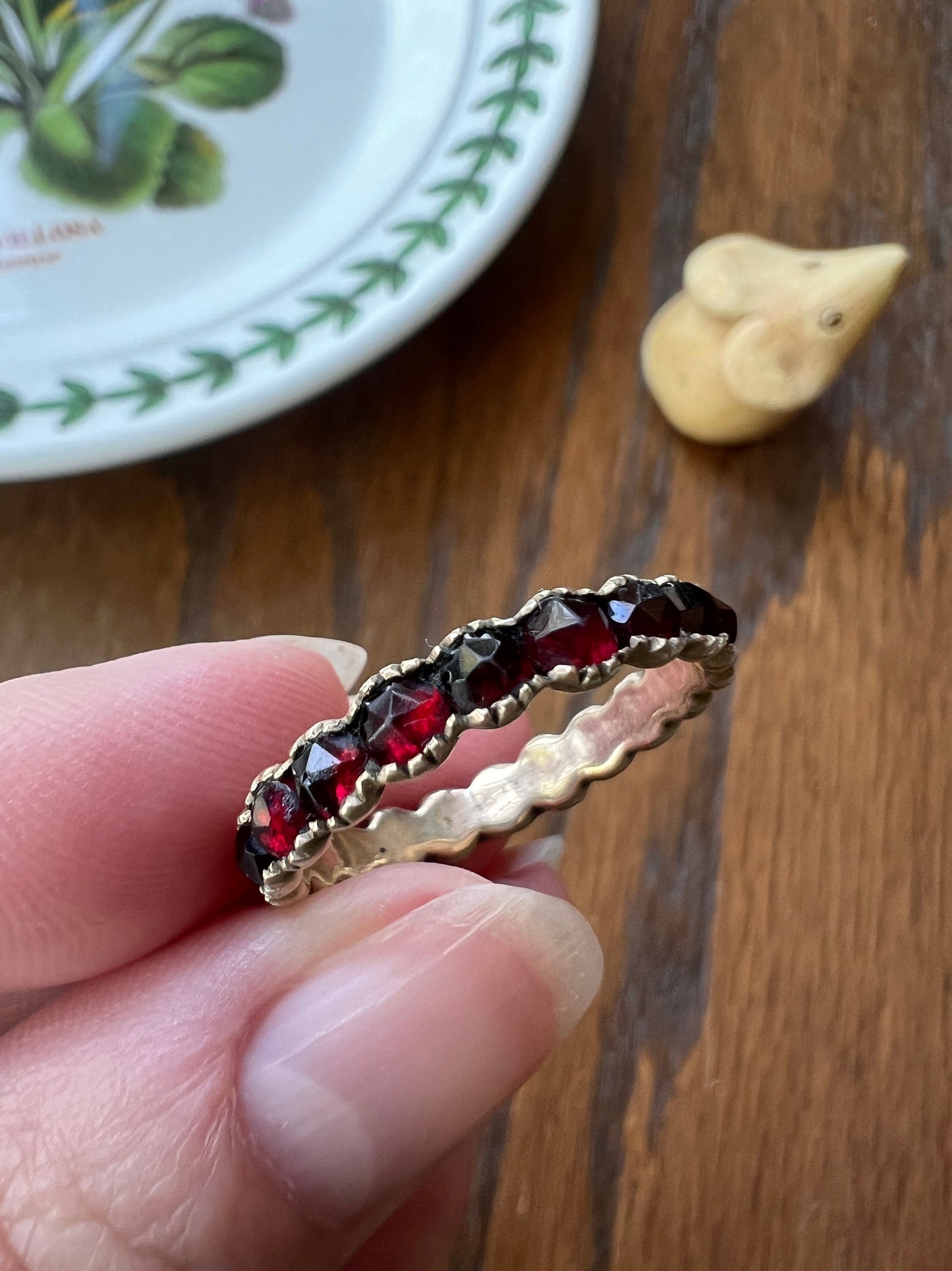 GARNET Crimson Red Rose Cut Eternity Band 9k Gold Ring Eternal Love Romantic Gift Glowing Skinny Stacker Antique Victorian Not 10k