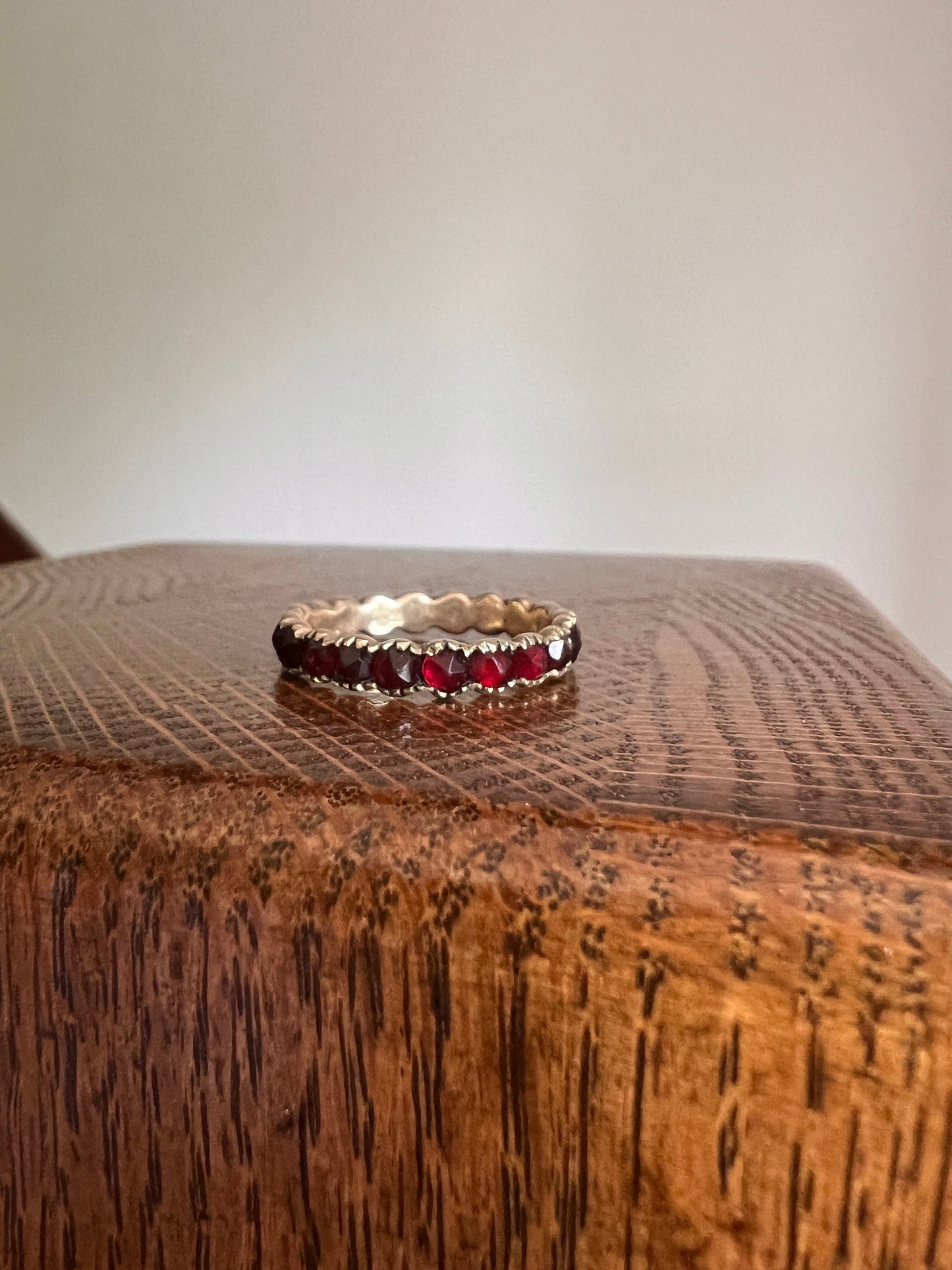 GARNET Crimson Red Rose Cut Eternity Band 9k Gold Ring Eternal Love Romantic Gift Glowing Skinny Stacker Antique Victorian Not 10k