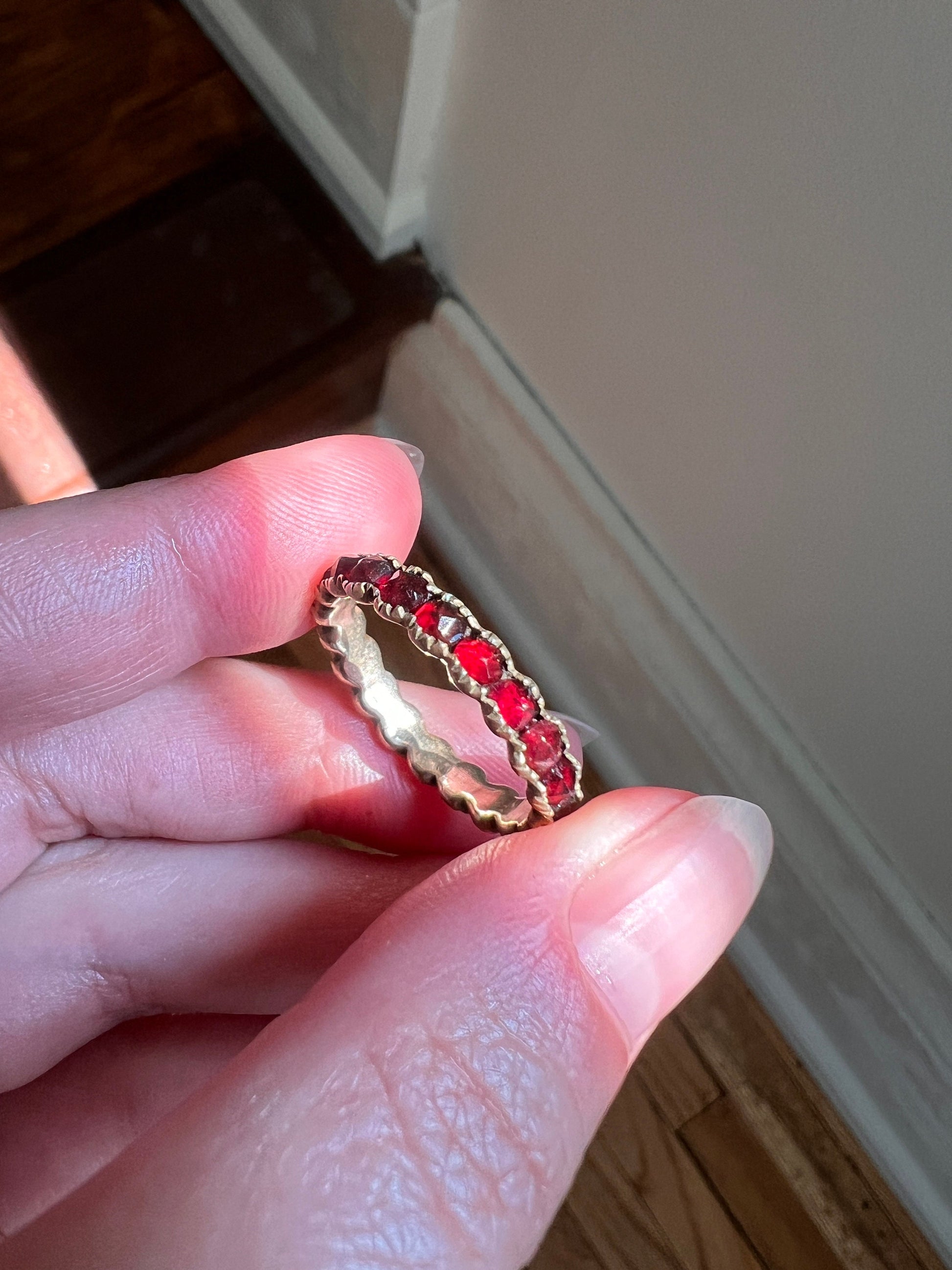 GARNET Crimson Red Rose Cut Eternity Band 9k Gold Ring Eternal Love Romantic Gift Glowing Skinny Stacker Antique Victorian Not 10k