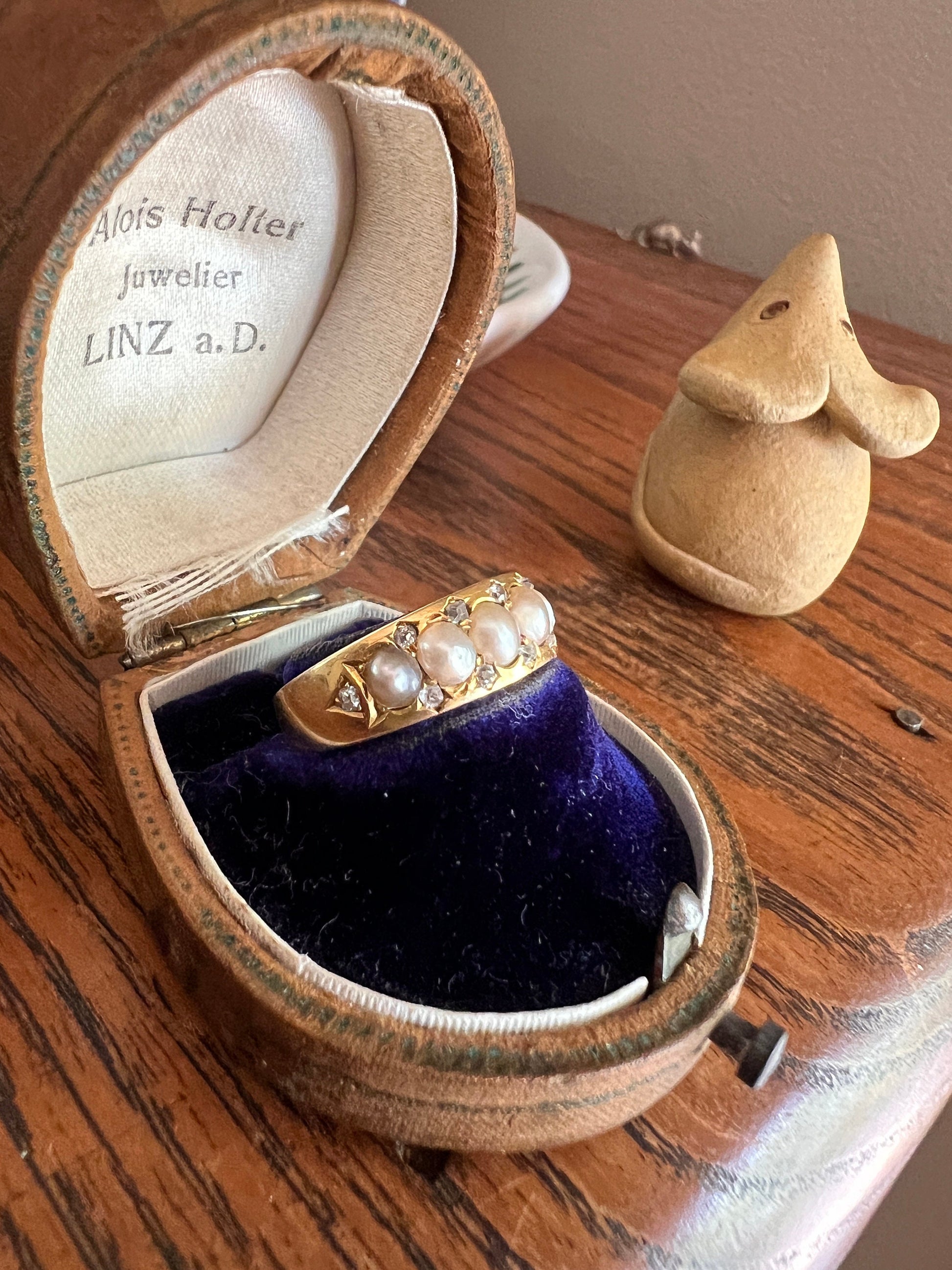 Victorian Antique Pearl Old Mine Cut DIAMOND Five Stone Ring 18k GOLD Wide Band Stacker Romantic Gift Layering Sparkle Half Hoop Not 14k