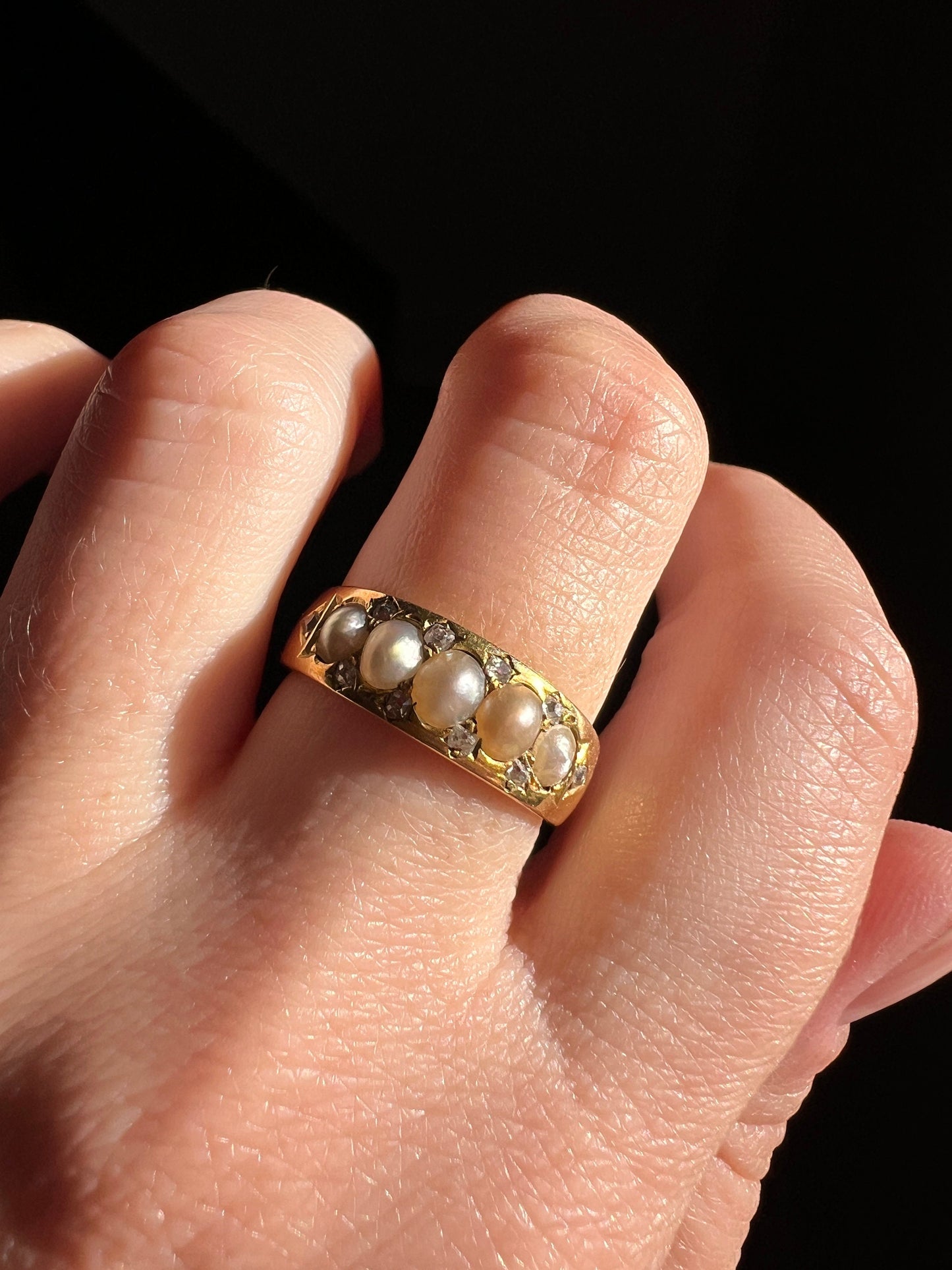 Victorian Antique Pearl Old Mine Cut DIAMOND Five Stone Ring 18k GOLD Wide Band Stacker Romantic Gift Layering Sparkle Half Hoop Not 14k