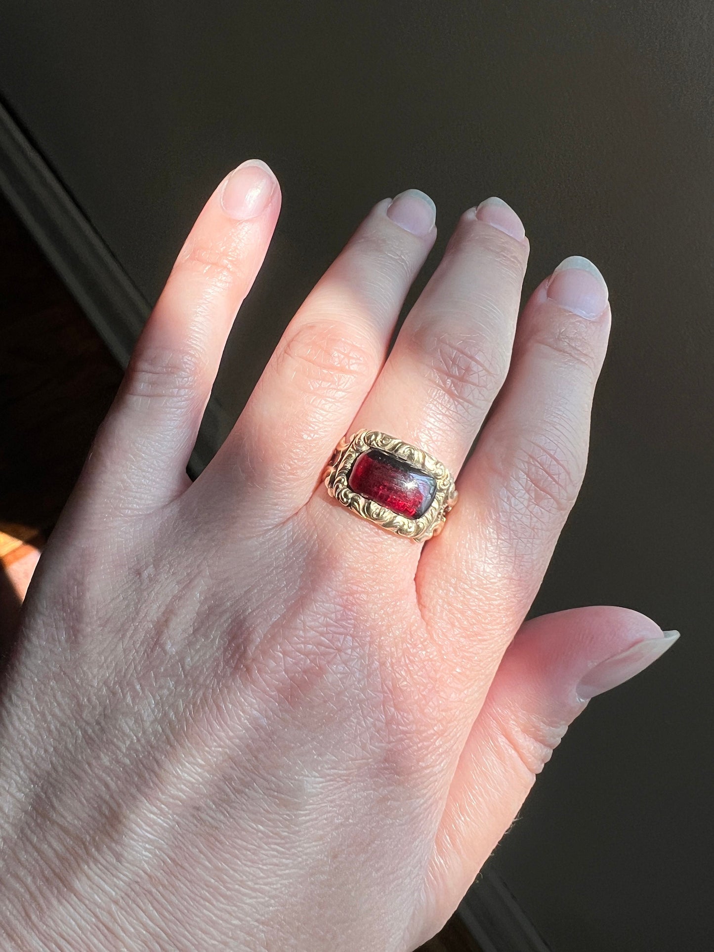 Dated 1827 GARNET 14k Gold Mourning Ring Engraved Floral Forget Me Not Swirl Embossed Halo Red Glow Memorial Band Stacker Collectible Gift