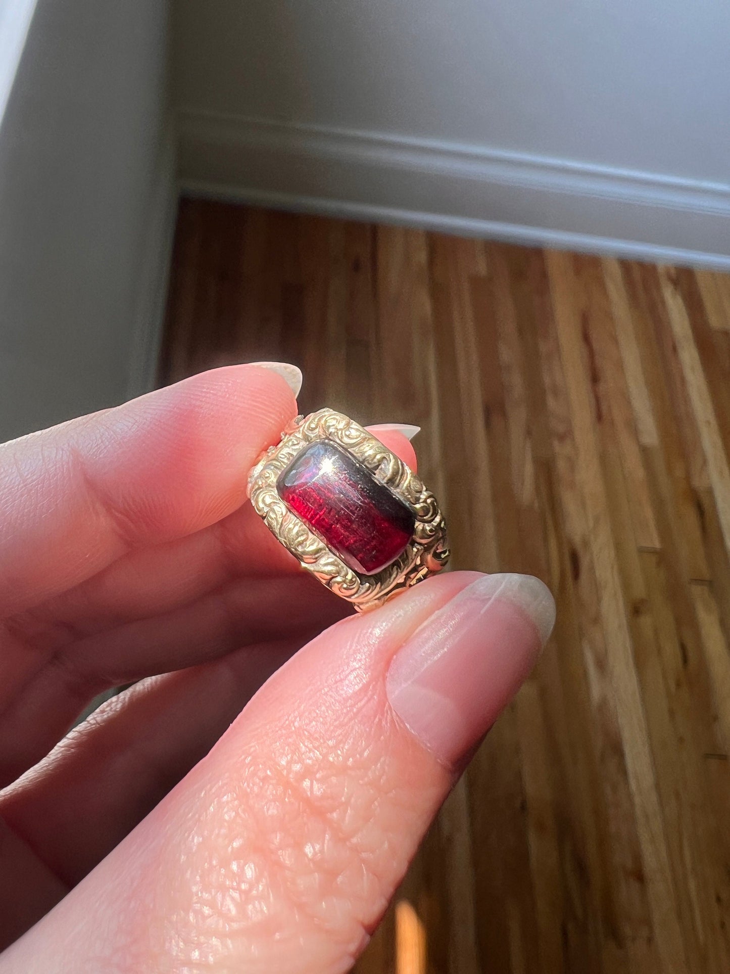 Dated 1827 GARNET 14k Gold Mourning Ring Engraved Floral Forget Me Not Swirl Embossed Halo Red Glow Memorial Band Stacker Collectible Gift