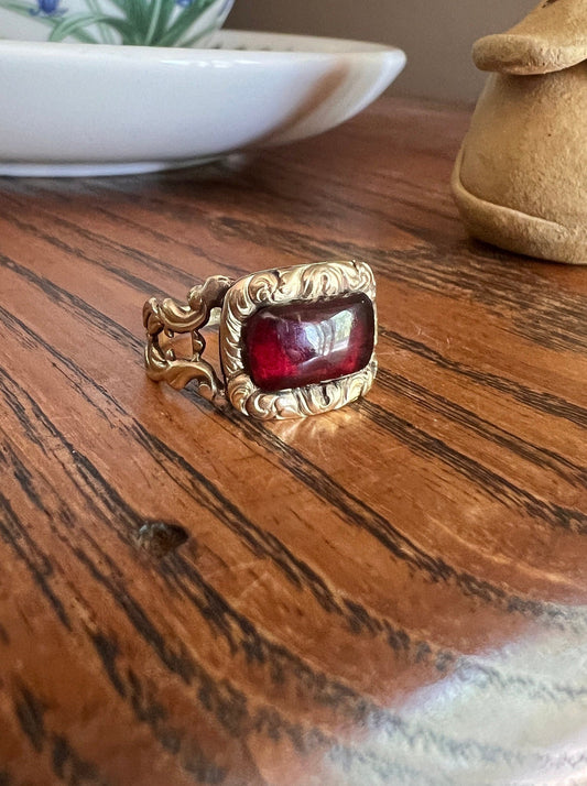 Dated 1827 GARNET 14k Gold Mourning Ring Engraved Floral Forget Me Not Swirl Embossed Halo Red Glow Memorial Band Stacker Collectible Gift
