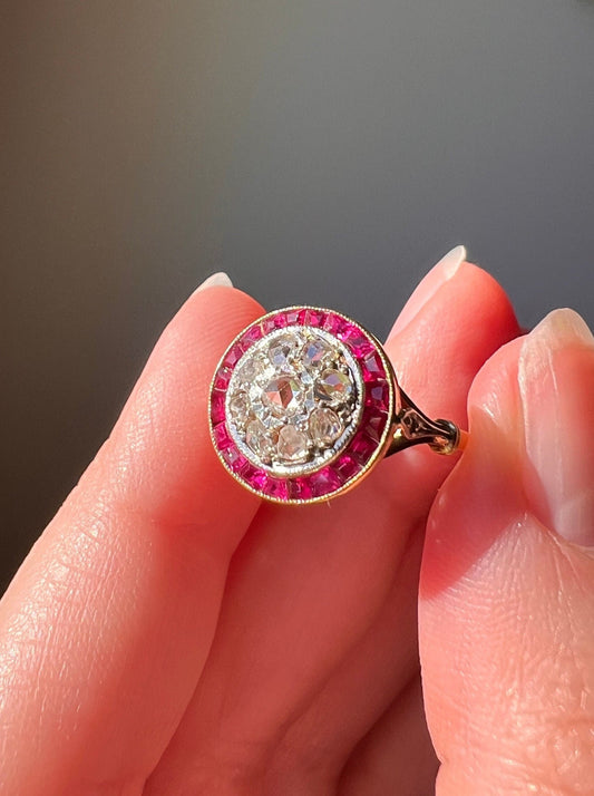 HALO Antique French Carre Old Square Cut RUBY 9 Rose Cut DIAMOND Bullseye Ring 18k Gold Belle Epoque Romantic Gift Target Pink Red Geometric