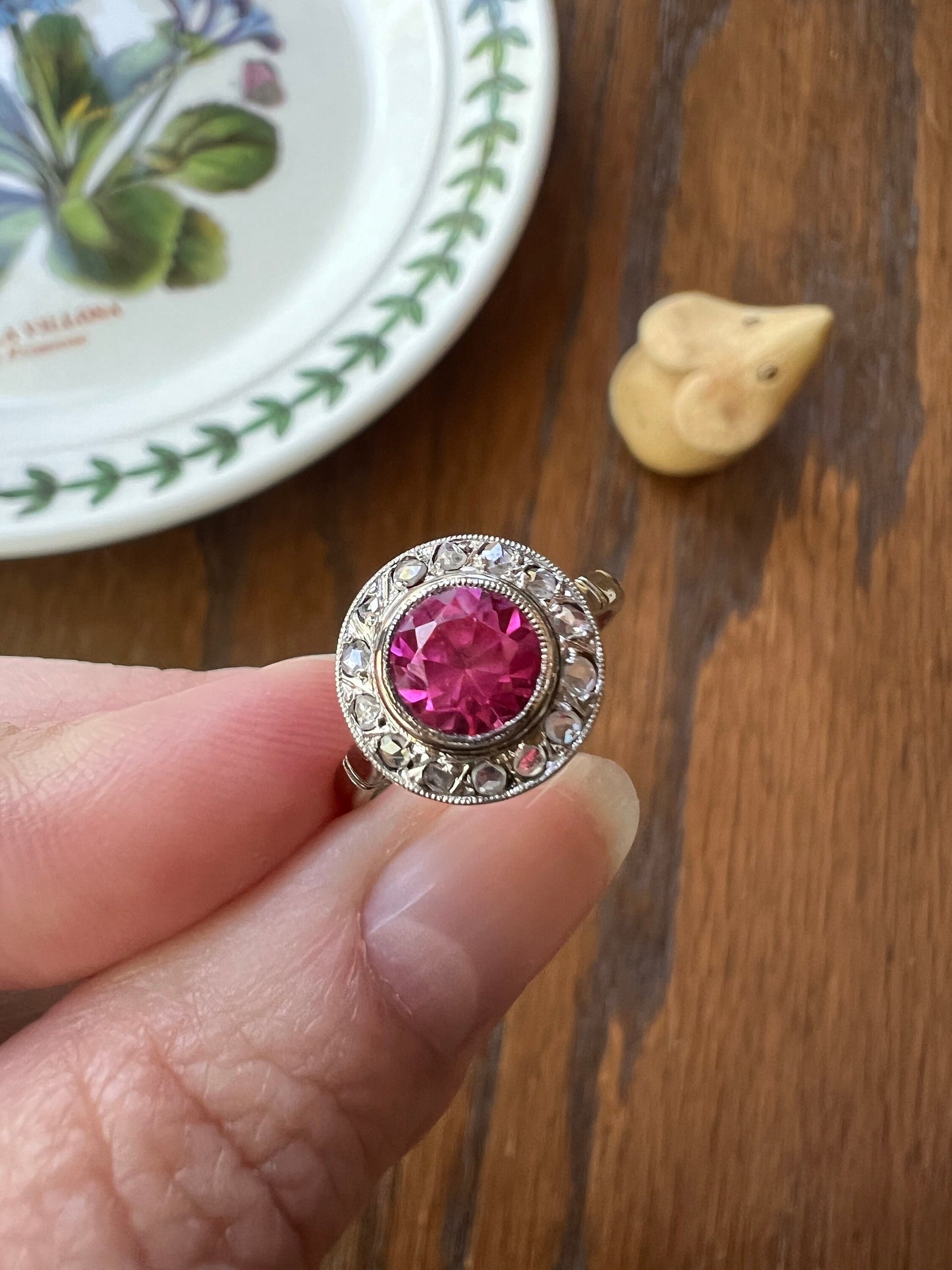 Antique French Old Cut Pink RUBY 14 Rose Cut DIAMOND Ring 18k White Gold PLATINUM Halo Target Art Deco Belle Epoque Romantic Gift Milgrain
