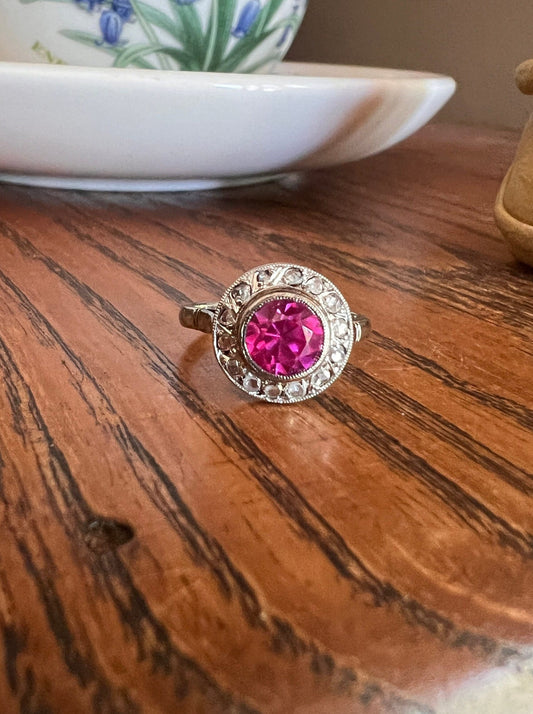 Antique French Old Cut Pink RUBY 14 Rose Cut DIAMOND Ring 18k White Gold PLATINUM Halo Target Art Deco Belle Epoque Romantic Gift Milgrain