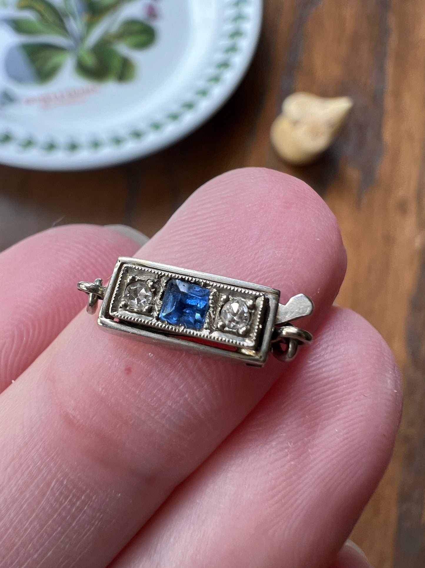 CLASP Geometric Art Deco Blue Sapphire Old Cut DIAMOND Antique Gemset Fastener Pendant 18k White Gold Gift Parts Finding Connector Rectangle