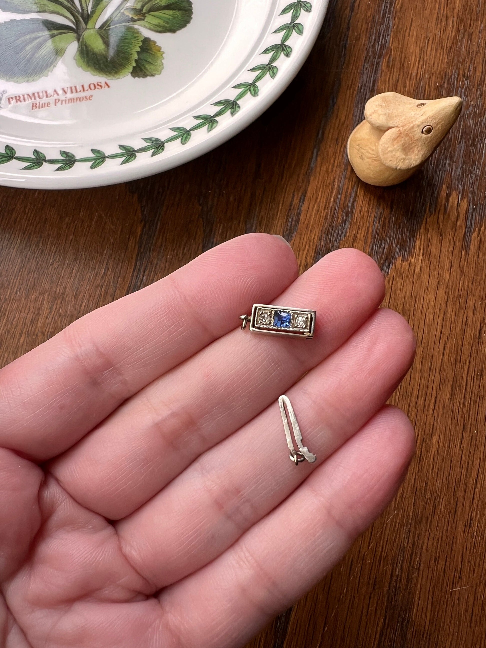 CLASP Geometric Art Deco Blue Sapphire Old Cut DIAMOND Antique Gemset Fastener Pendant 18k White Gold Gift Parts Finding Connector Rectangle