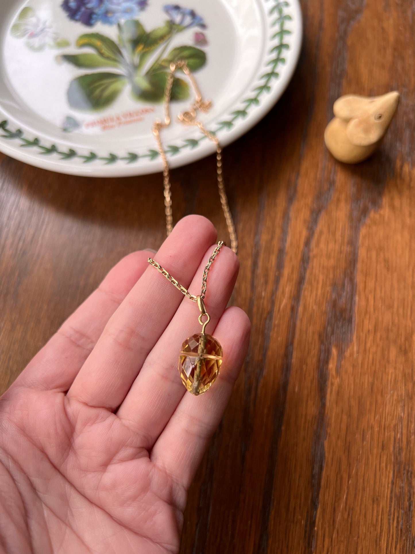 ACORN Yellow Citrine French Victorian ANTIQUE Figural Faceted Gemstone Pendant Necklace on Gold Fill Chain Spinner Pale Lemon Quartz 3D