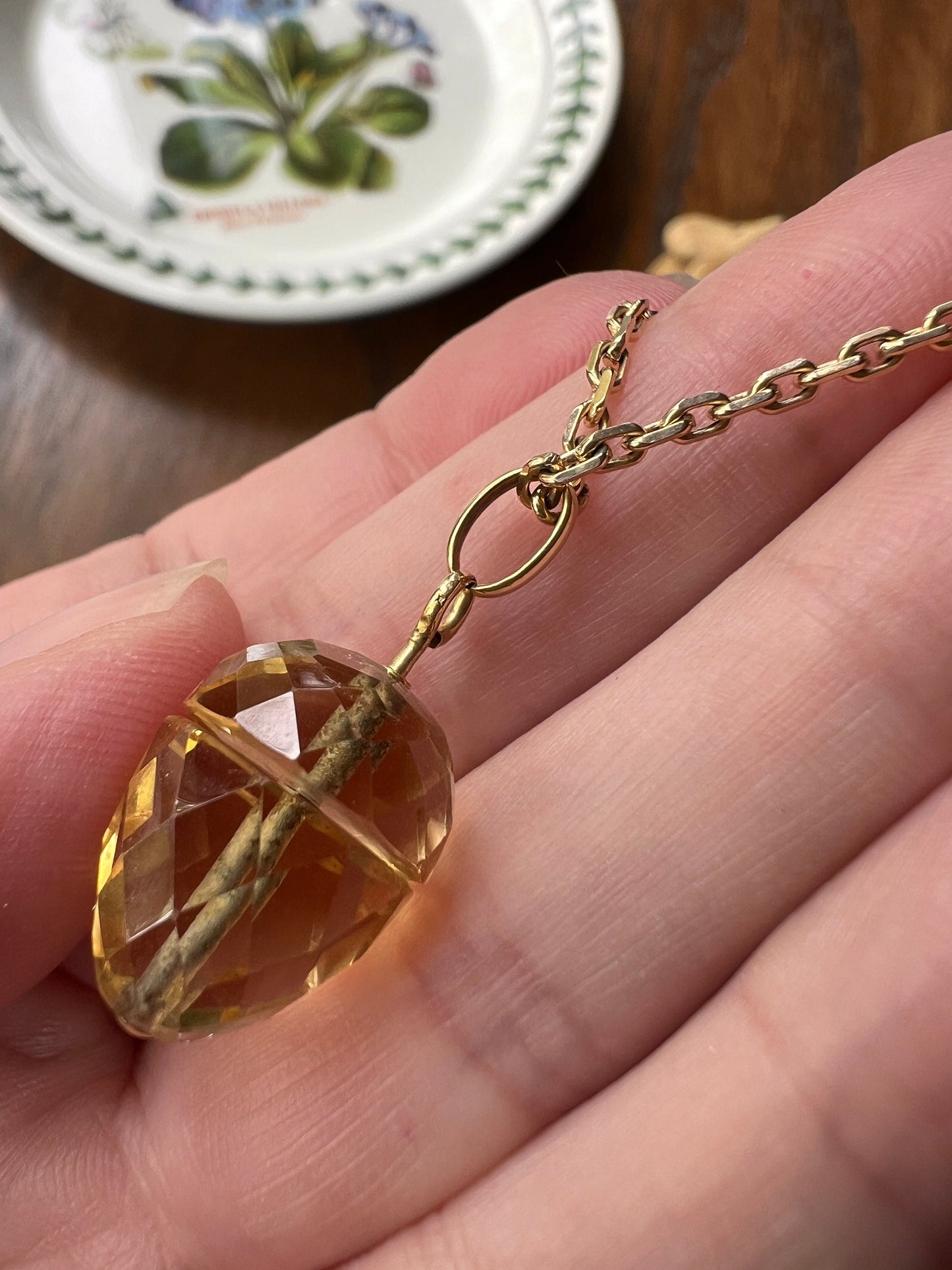 ACORN Yellow Citrine French Victorian ANTIQUE Figural Faceted Gemstone Pendant Necklace on Gold Fill Chain Spinner Pale Lemon Quartz 3D