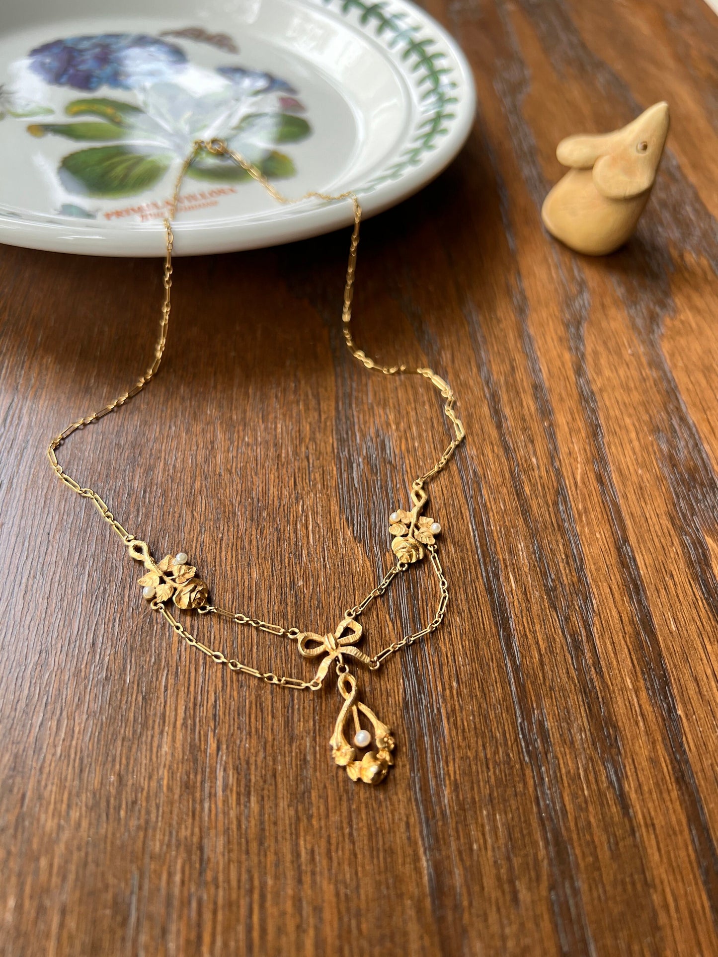 ROSES Floral Bow Ribbon Teardrop French Art Nouveau 18k Gold Esclavage Garland Necklace Chain Belle Epoque Romantic Gift Neckmess Figural