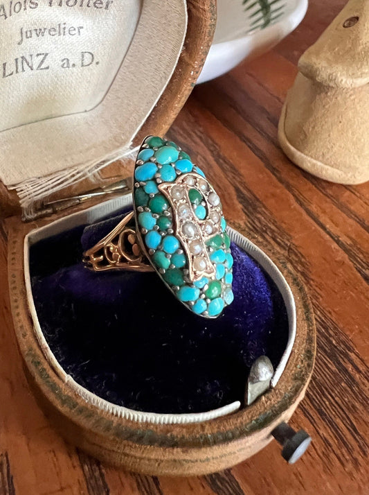 Victorian Antique TURQUOISE Pearl Letter P d Initial Ring French 18k Silver Blue Green Letter Monogram Signet Domed Navette Pave Gemset Gift