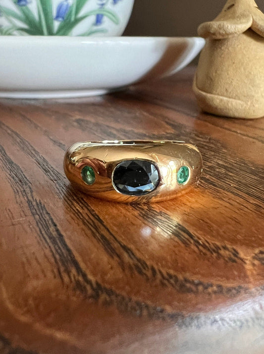 SAPPHIRE Green EMERALD Three Stone Gypsy Ring Chunky French Vintage 18k Gold Solid 3 Stone Band Blue Gift Retro Unisex Domed Stacker Bombe