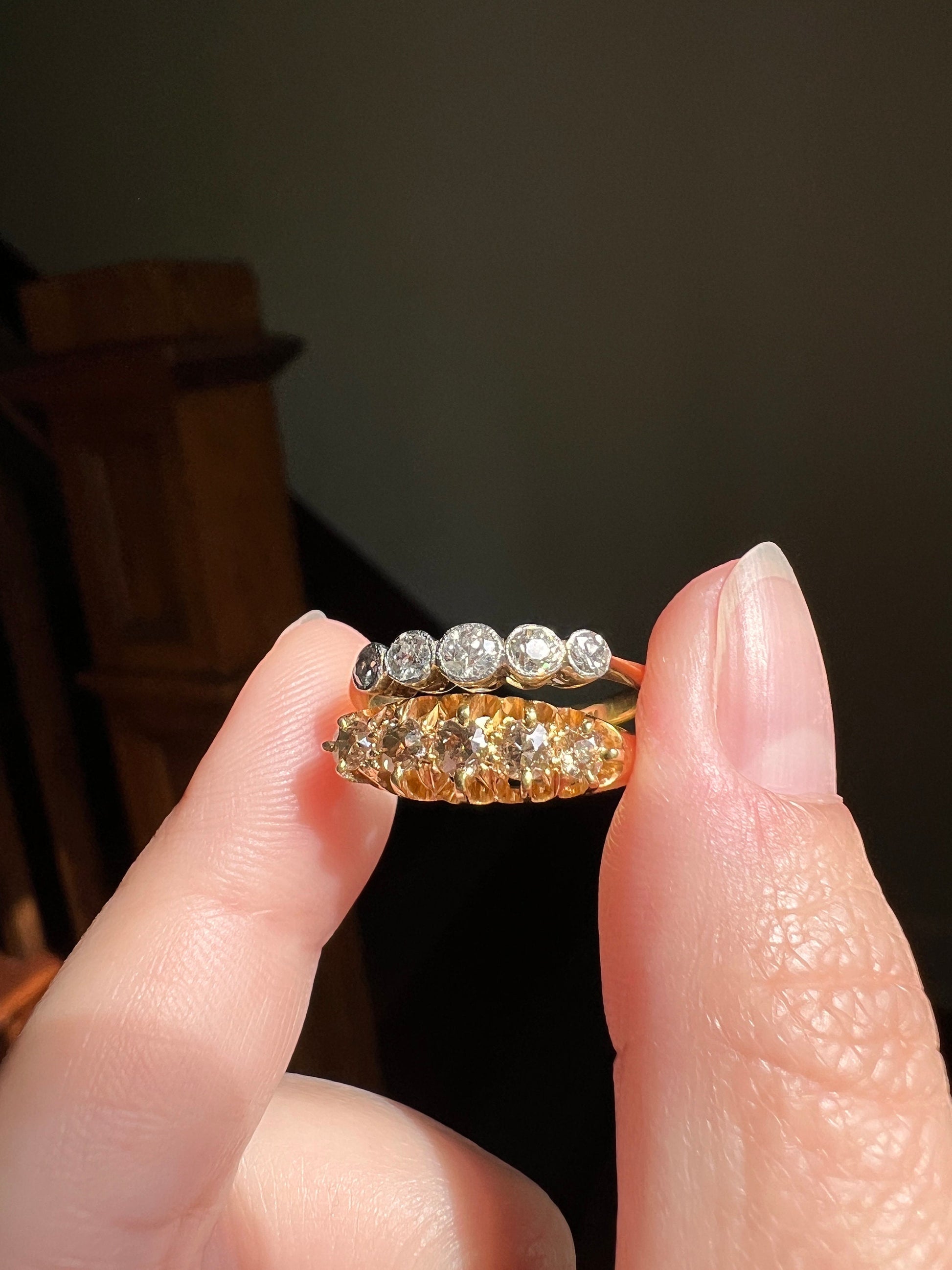 CHAMPAGNE Old Mine Cut Diamond ANTiQUE Band Ring .5ctw Five Stone Buttercup 18k GOLD Victorian Stacker Romantic Gift Pale Brown Yellow OMC