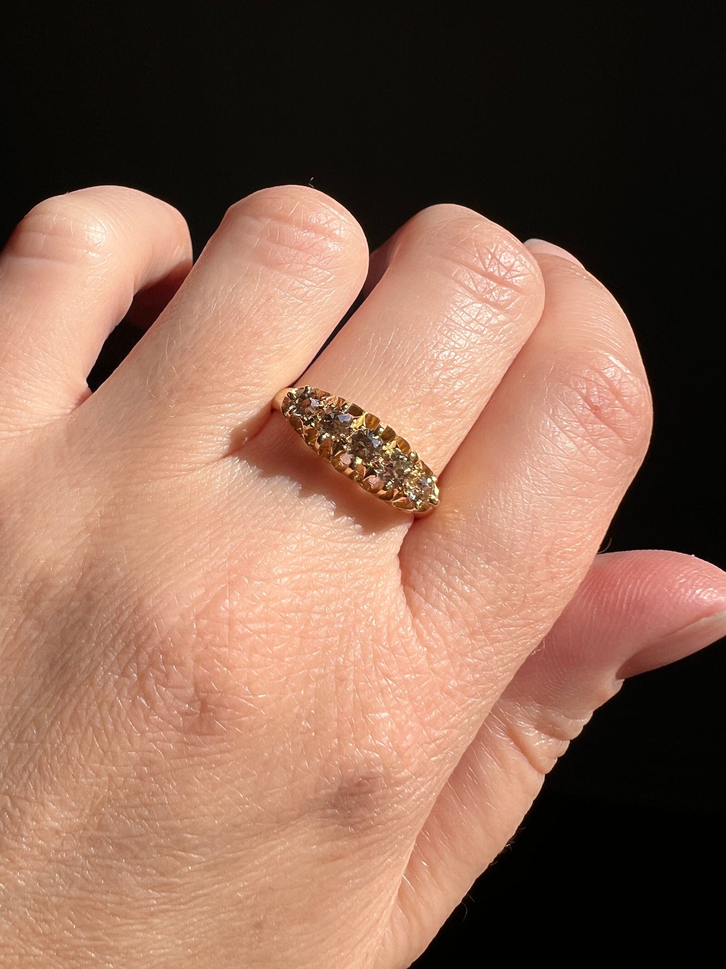 CHAMPAGNE Old Mine Cut Diamond ANTiQUE Band Ring .5ctw Five Stone Buttercup 18k GOLD Victorian Stacker Romantic Gift Pale Brown Yellow OMC