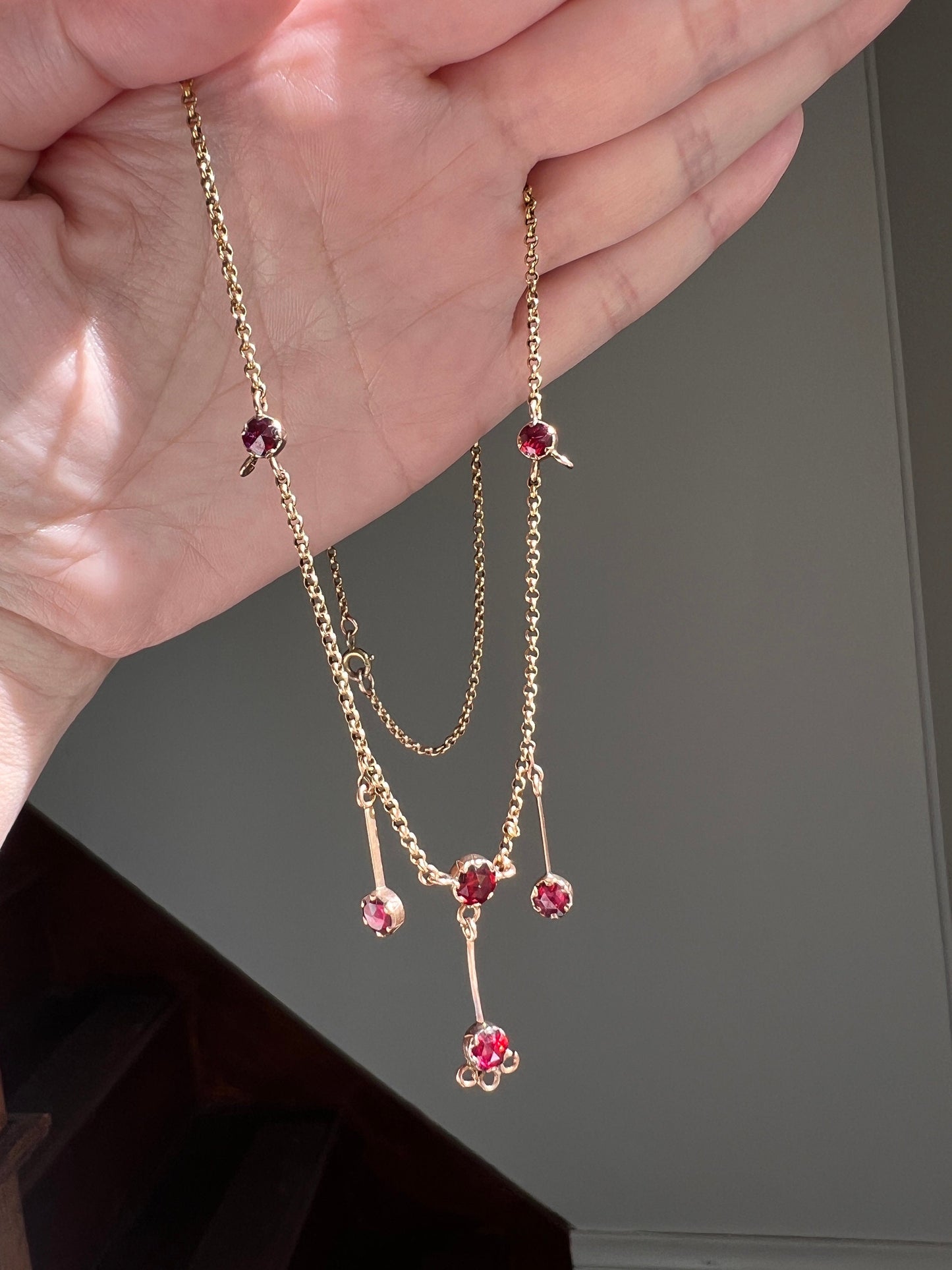 Perpignan GARNET French GEORGIAN Antique 18k Gold Rolo Chain Dangle Drop Pendants Pink Purple Neckmess Romantic Gift Glow Victorian Fringe
