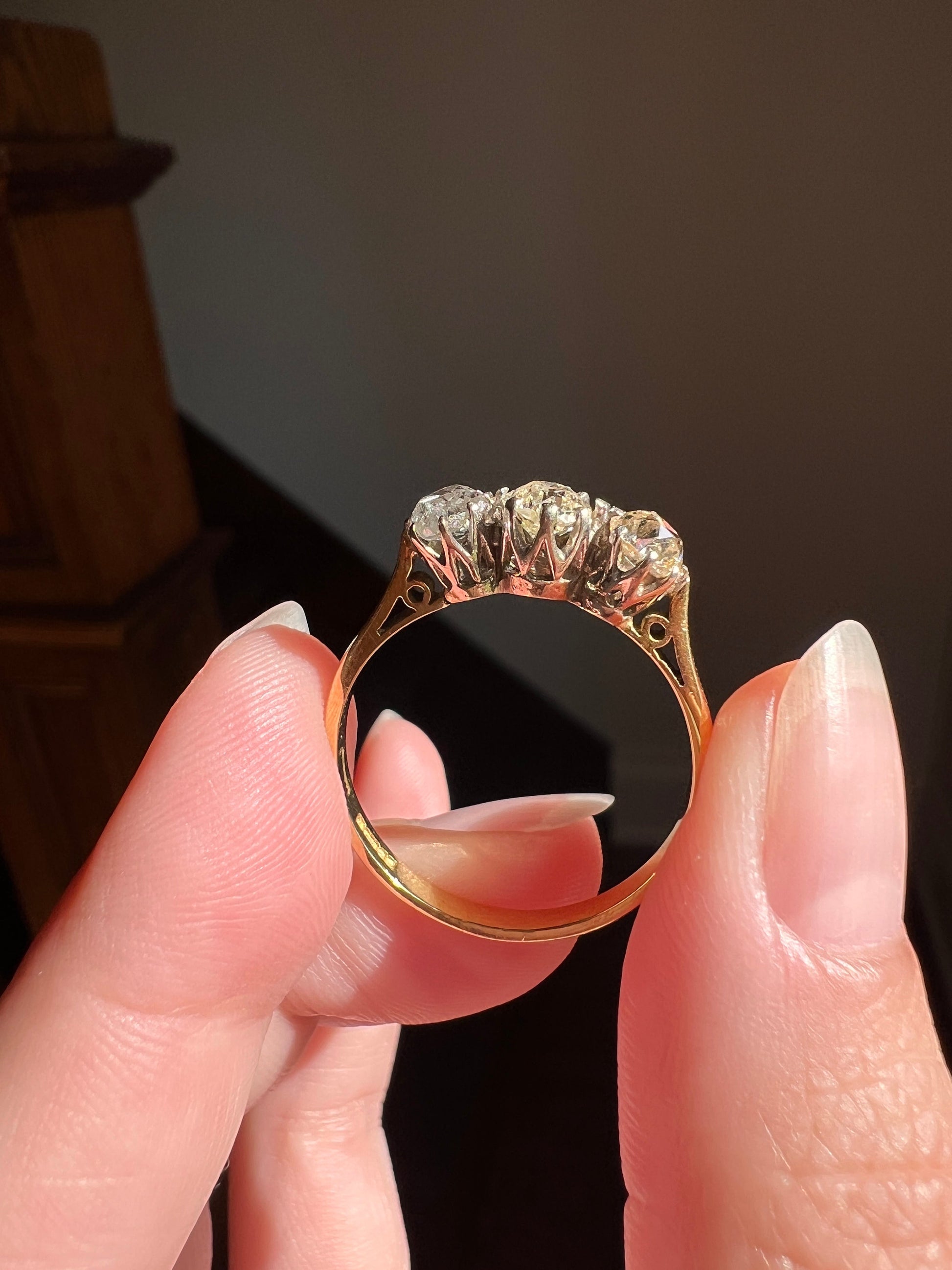 Three Stone Ring 1 CARAT Antique Old Mine Cut DIAMOND 18k Gold Linear Nesting Stacker Band Romantic Gift OmC Art Deco Trilogy Big Finger Sz