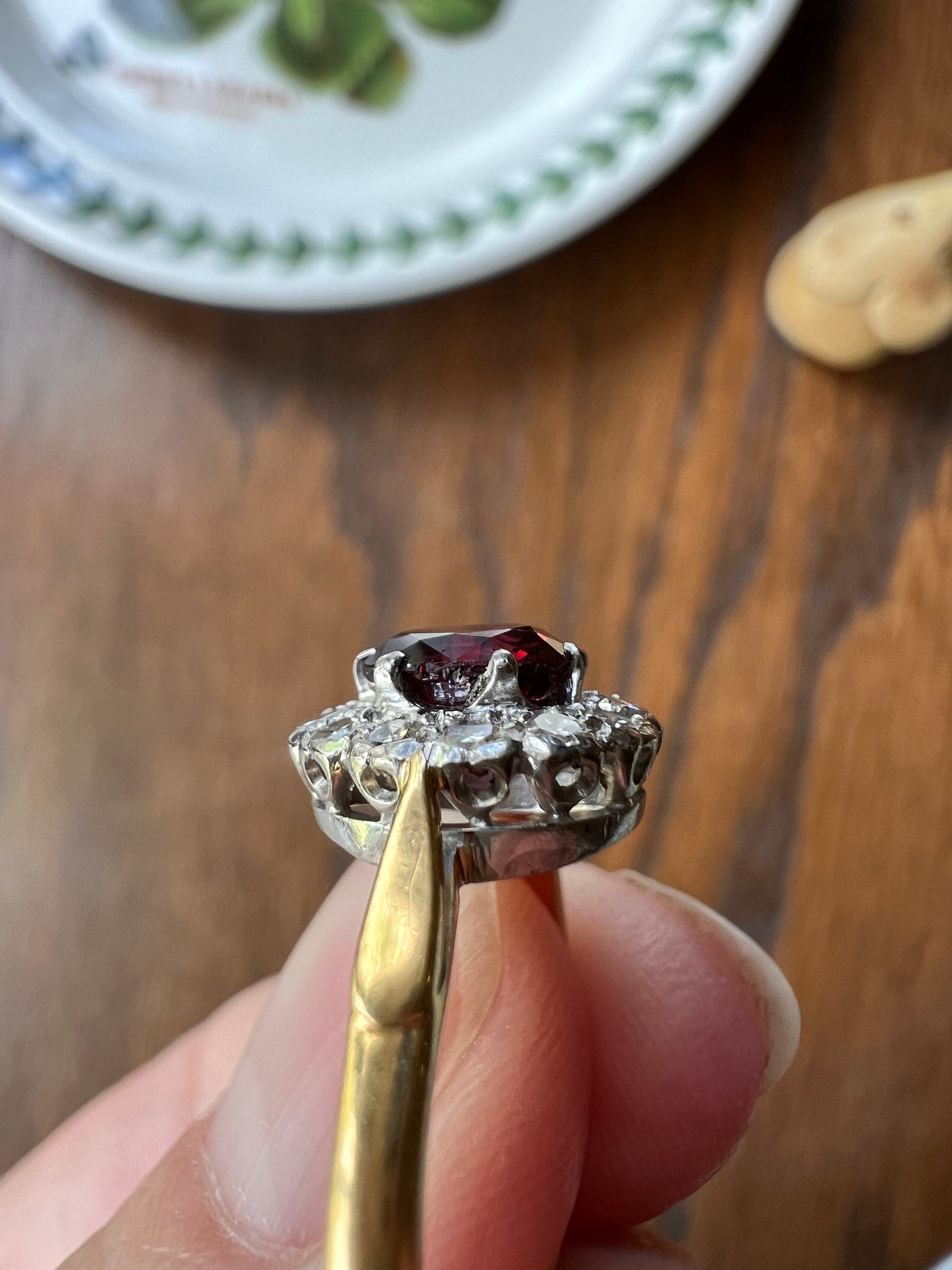 Antique Maroon Natural RUBY Old Mine Single Cut DIAMOND HALO Ring 18k Gold Juicy Berry Red Romantic Gift Edwardian Art Deco Oval Stacker
