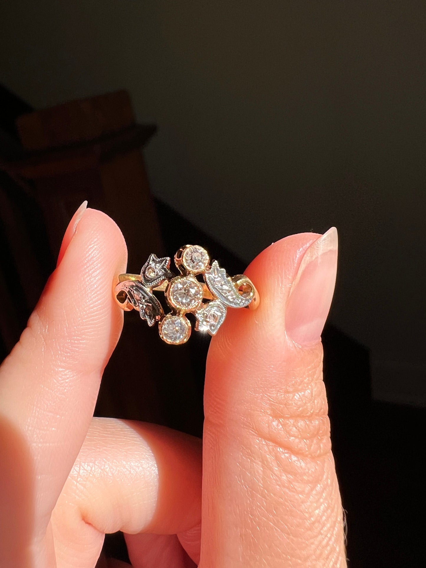 TULIPS Old Mine Rose Cut Diamond French Antique Belle Epoque Ring 18k Gold Art Nouveau Victorian Ornate Sparkle Floral Swirl Romantic Gift