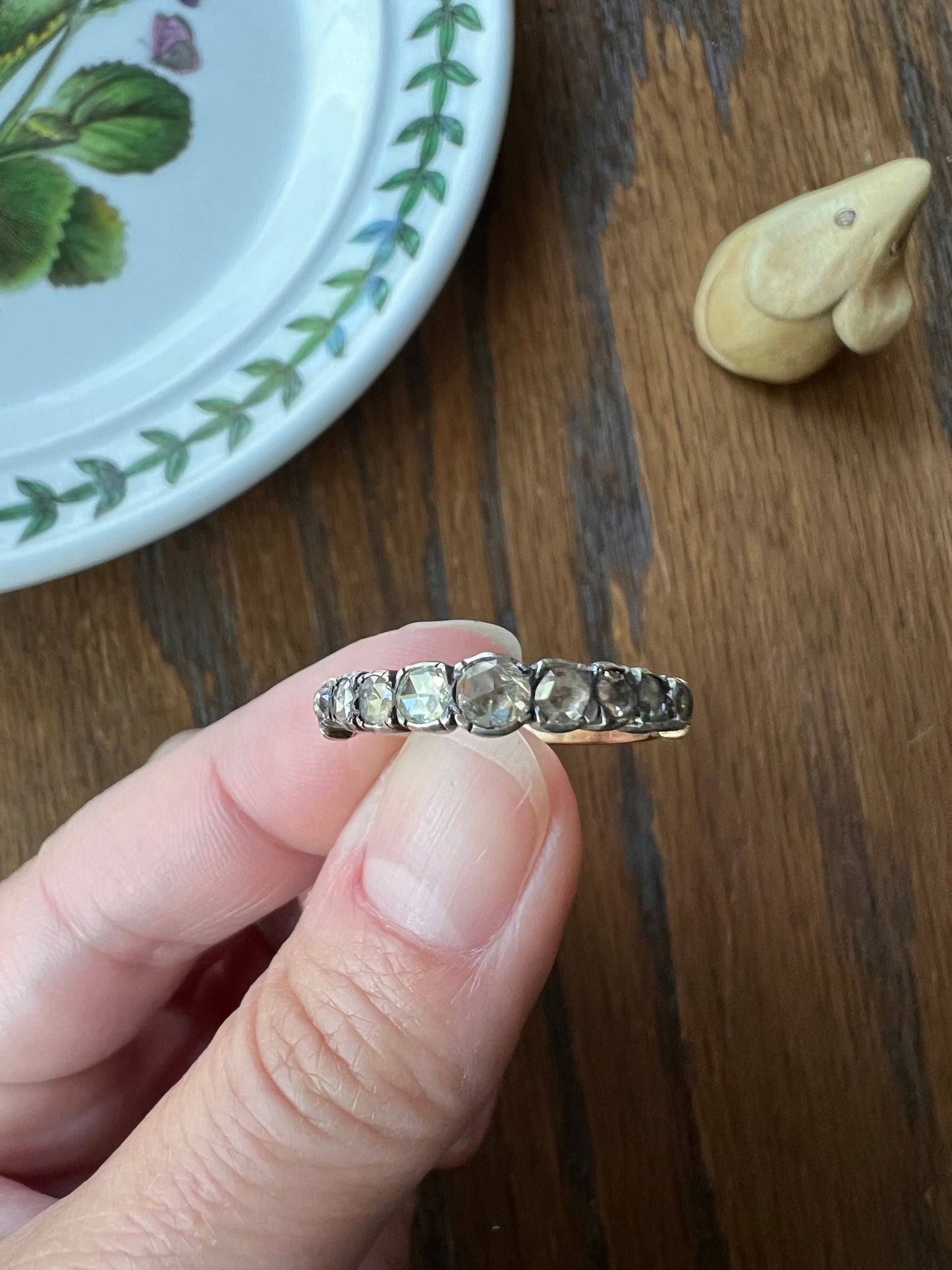HALF HOOP Antique 18k Gold Nine Stone Rose Cut DIAMOND Ring Foiled Skinny Band Stacker Gift Foil Silver Collet Georgian Victorian Romantic