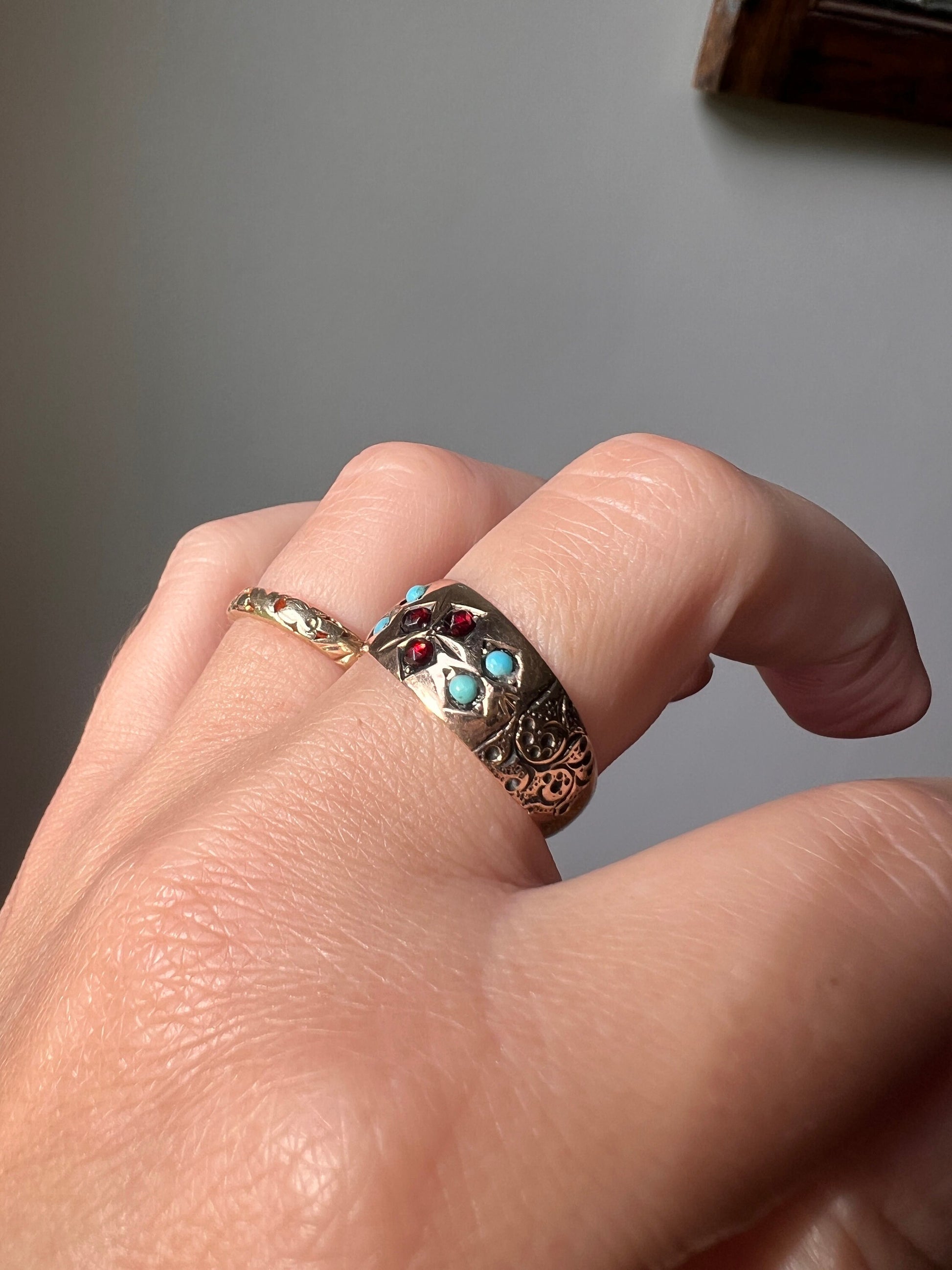 Rose Cut GARNET Turquoise Ornate Wide Band Stacker Ring 10k Rose Gold Victorian Wedding Swirl Shoulders Romantic Gift Blue Red Floral Clover