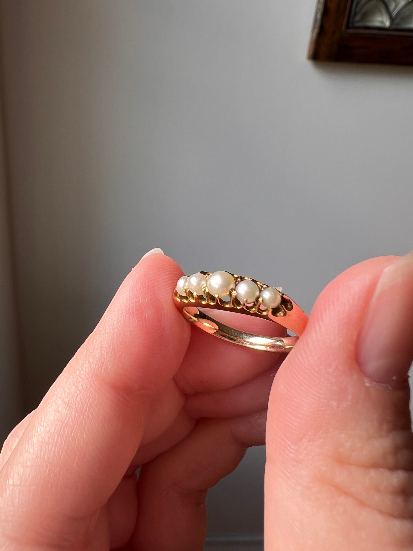 Five Stone PEARL Victorian ANTIQUE Band Ring 15k Gold Row Half Hoop Belcher Stacker Romantic Gift Geometric Not 14k
