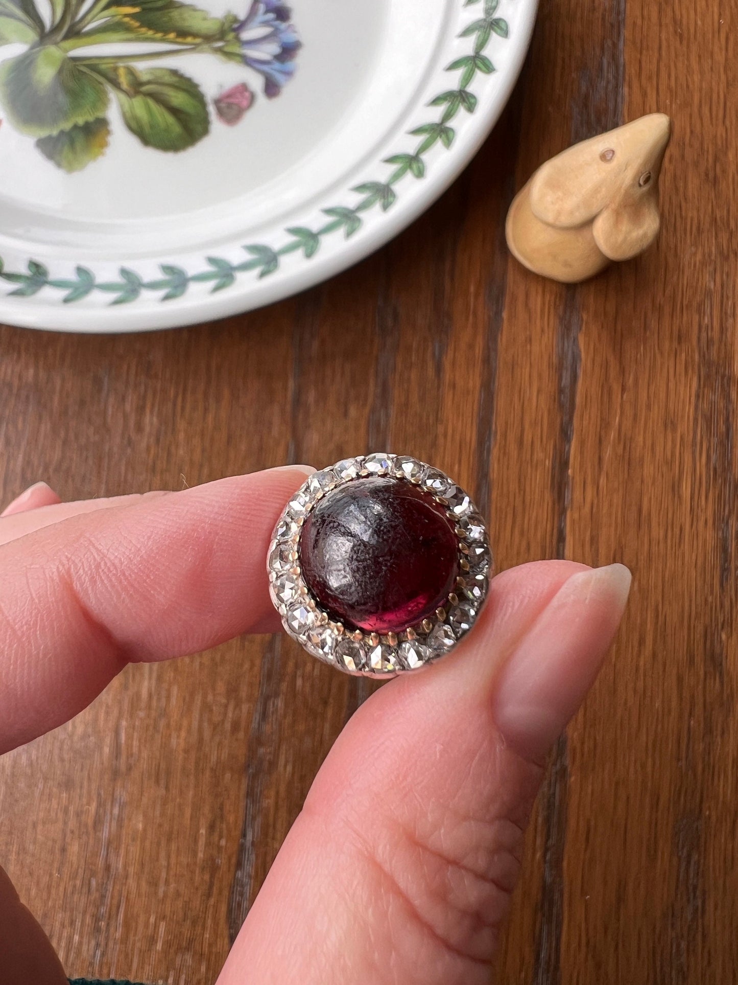 Glowing Cabochon Red GARNET Rose Cut Diamond Halo Ring French Antique 18k Gold Silver Victorian Juicy Crimson Romantic Gift Round Bauble