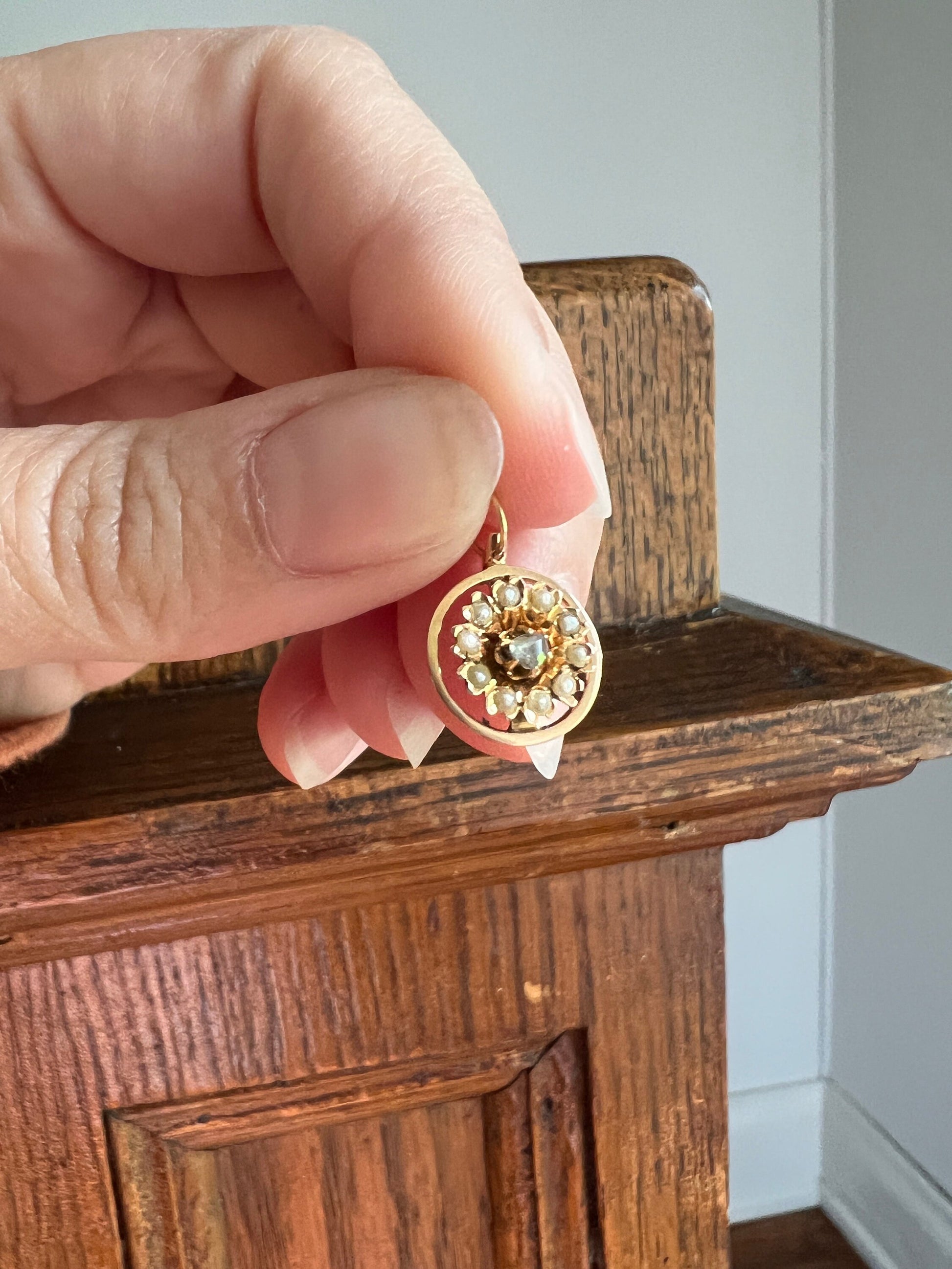 Rose Cut DIAMOND Pearl Halo Victorian Antique 18k Gold PENDANT French Belle Epoque Minimalist Neckmess Necklace Bracelet Charm Floral Gift