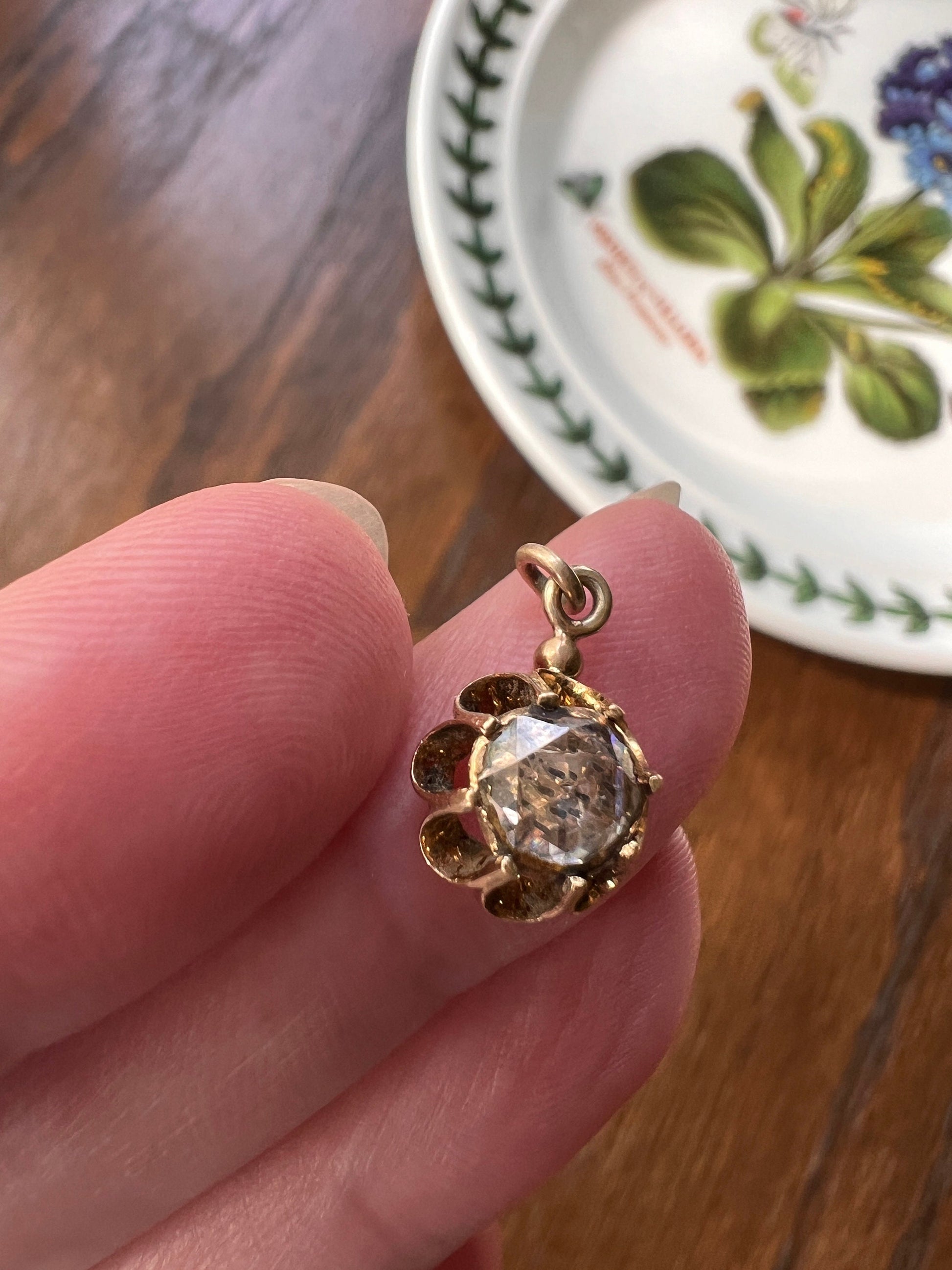 Rose Cut DIAMOND Drop Pendant 18k Gold Solid Crown Prong Domed Foil Back Dainty Solitaire French Georgian Victorian Necklace Charm Love Gift