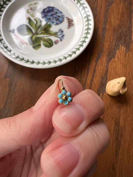 Forget Me Not Flower Antique Blue Enamel VICTORIAN Dainty SINGLE Earring French Dormeuse 18k Gold Minimalist Mix& Match Something Old Bridal