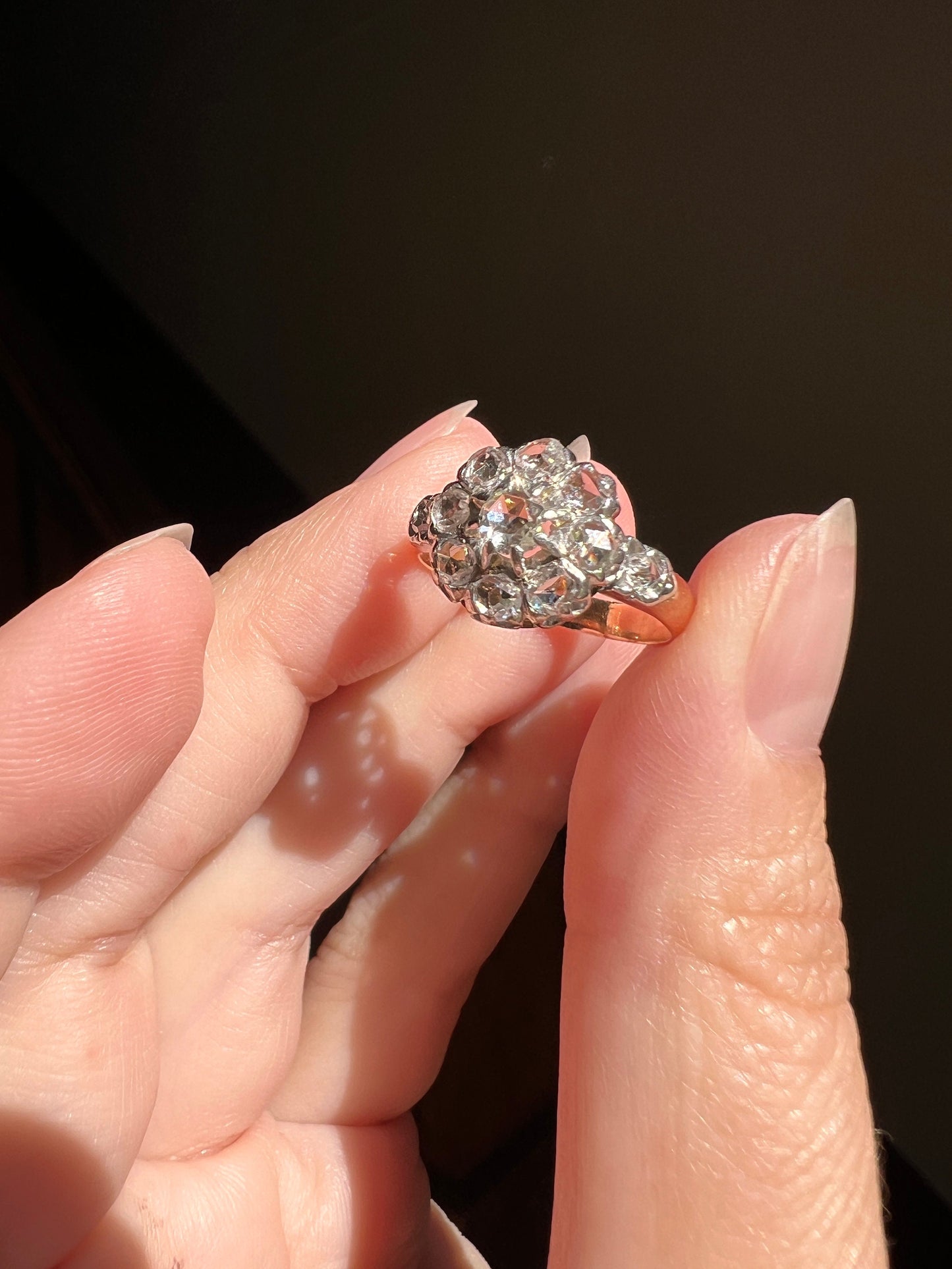 Antique Rose Cut DIAMOND Daisy Cluster Ring French Victorian ANTIQUE 18k Rose Gold & PLATINUM Stacker Romantic Gift Floral Disco Sparkle
