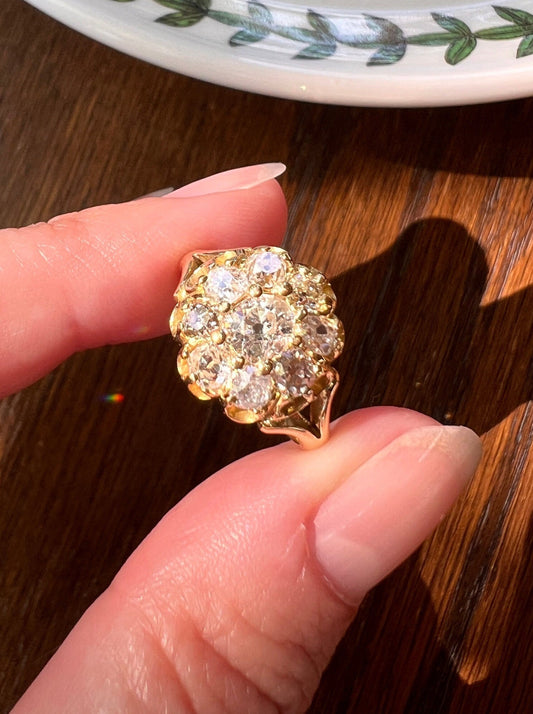ANTIQUE 1.25 Carat 9 Old Mine Cut DIAMOND Cluster Ring 4.3g 18k Gold Romantic Gift Stacker Band OMC Victorian Halo Buttercup Belcher 1.25Ctw