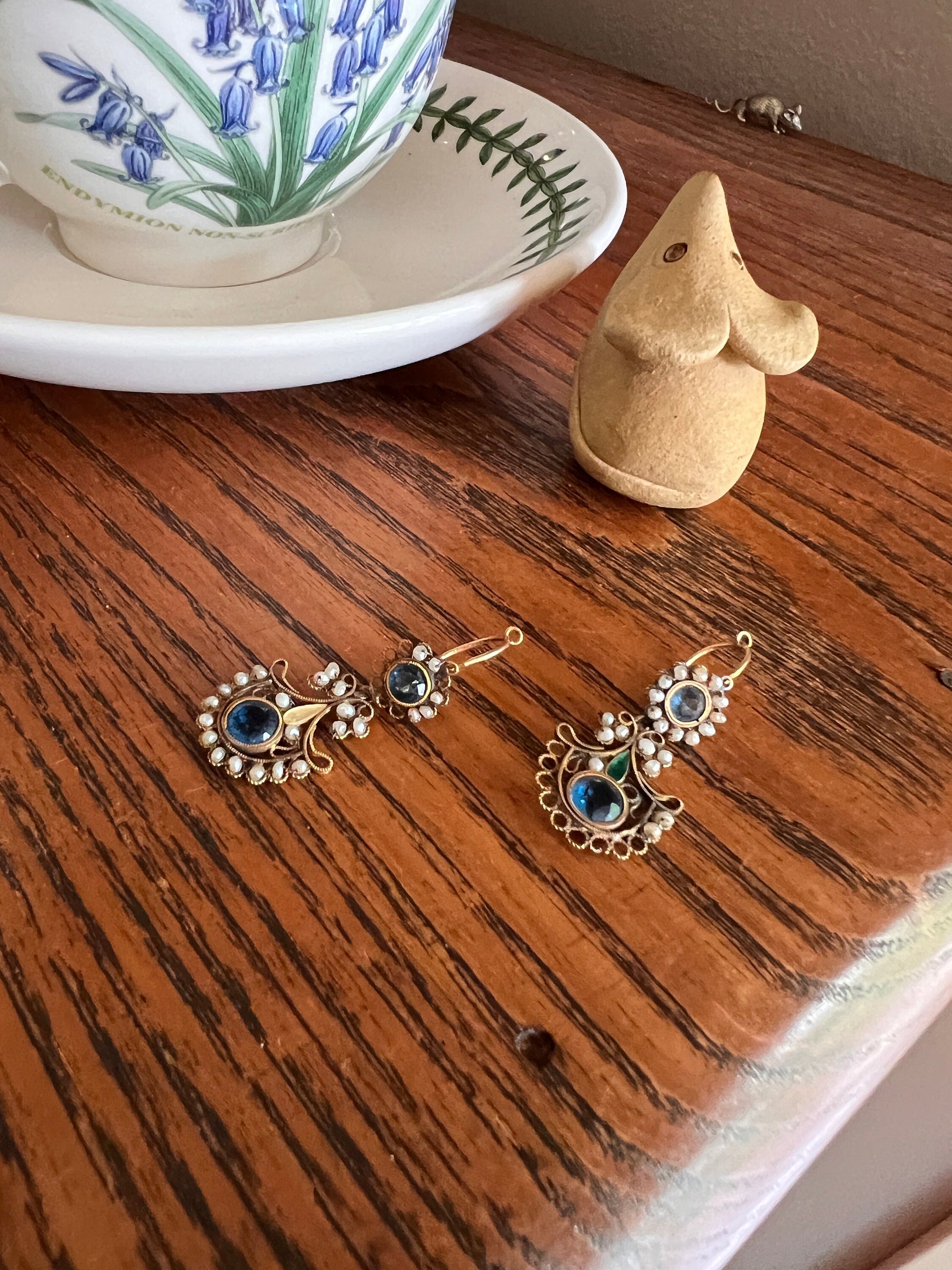 PEACOCK Rare 200 Year Old FRENCH Day to Night Dangle Dormeuse Earrings 18k Gold Blue Paste Pearls Vintage Georgian Napoleon Bonaparte Gift