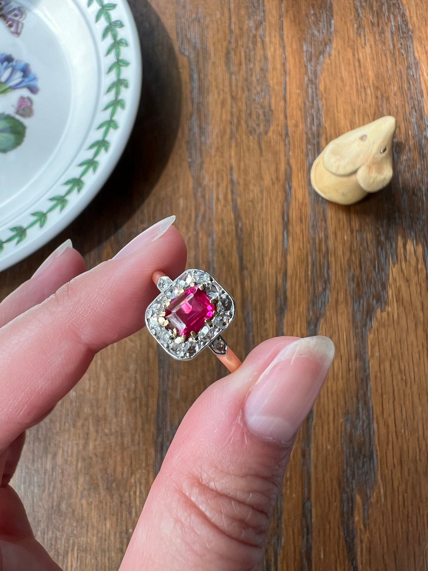 Pink RUBY Rectangular Rose Cut Diamond HALO Ring French Victorian ANTIQUE 18k Gold Geometric Stacker Romantic Gift Fun Fuchsia Color