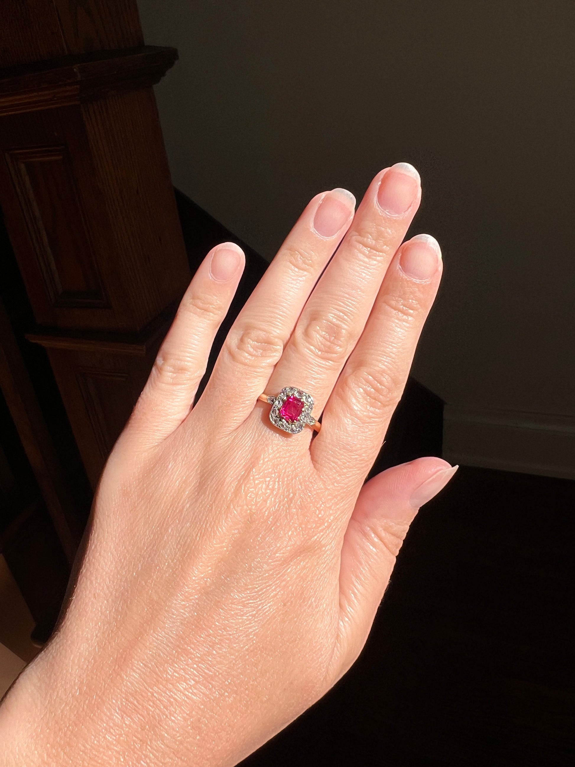 Pink RUBY Rectangular Rose Cut Diamond HALO Ring French Victorian ANTIQUE 18k Gold Geometric Stacker Romantic Gift Fun Fuchsia Color