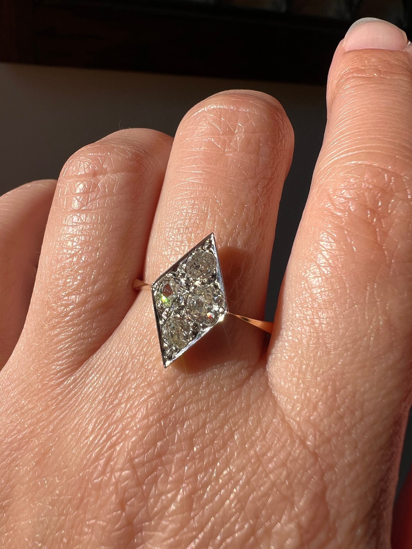 Four Stone KITE .9 Carat Old Mine Cut Diamond Cluster Grid Ring French Antique 18k Gold Geometric Stacker Cobblestone Texture Romantic Gift