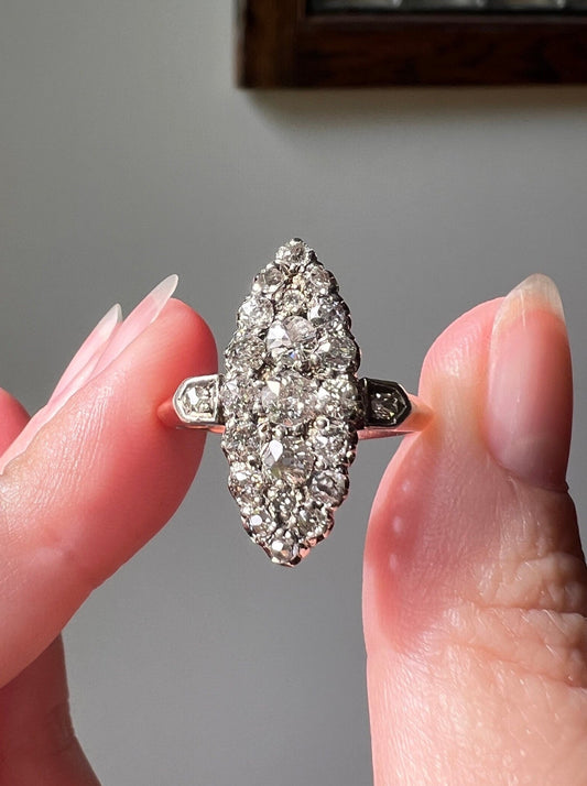 French Antique 1.25 Carat 23 Old Mine Cut DIAMOND Navette Marquise Cluster RING 18k GOLD Platinum Belle Epoque Stacker Romantic Gift OmC