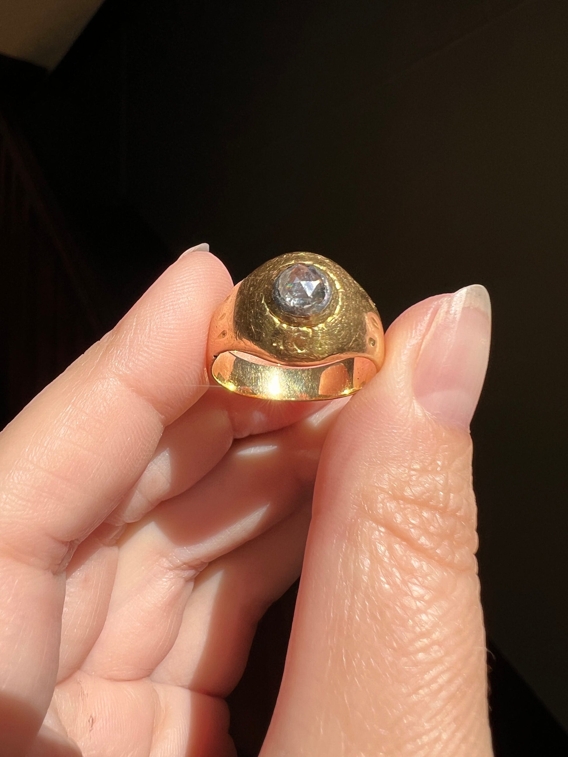 HEAVY French Antique 10.4g 18k Gold Rose Cut DIAMOND Domed Gypsy Glowing Chunky Band Unisex Man Ring Engraved Disco Ball Victorian Gift