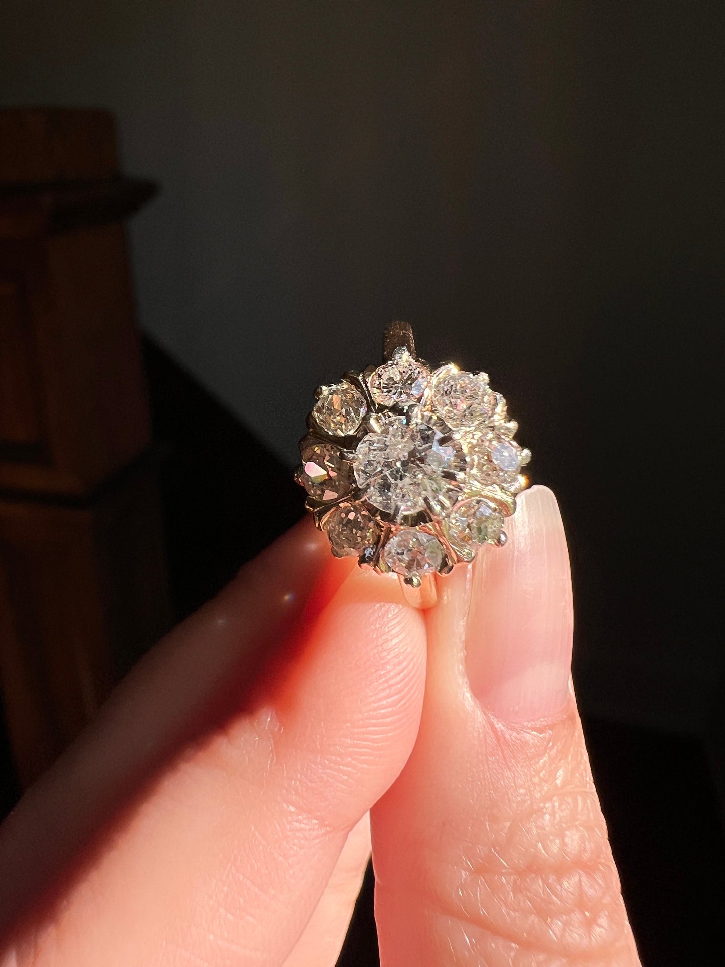 Daisy CLUSTER Ring 1 1/2 Carat Old Mine Cut Diamond Halo 18k Gold French Antique Belle Epoque 1.5Ctw Tdw Romantic Gift OmC Stacker Victorian