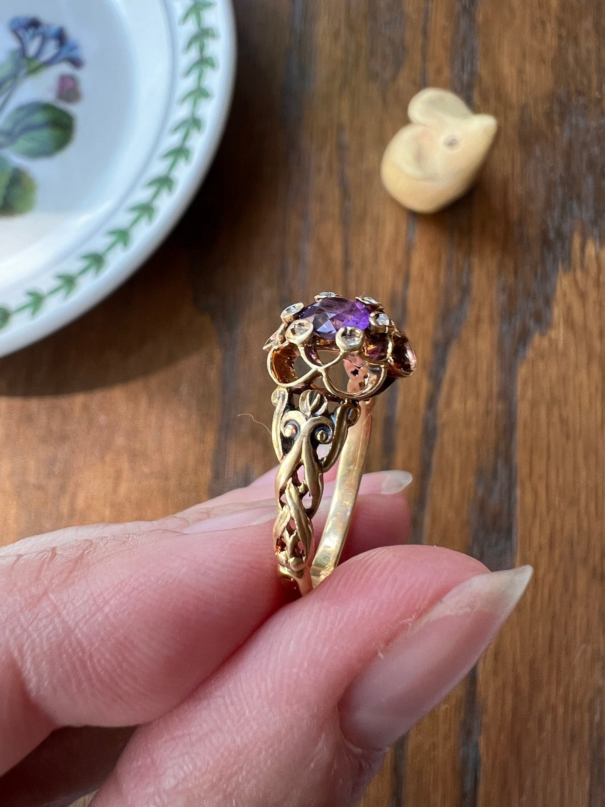 Victorian ANTIQUE Purple Amethyst Ring Rose Cut Diamond Gemset Prong Halo 18k Gold Braided Buttercup Ornate French Belle Epoque Stacker Gift