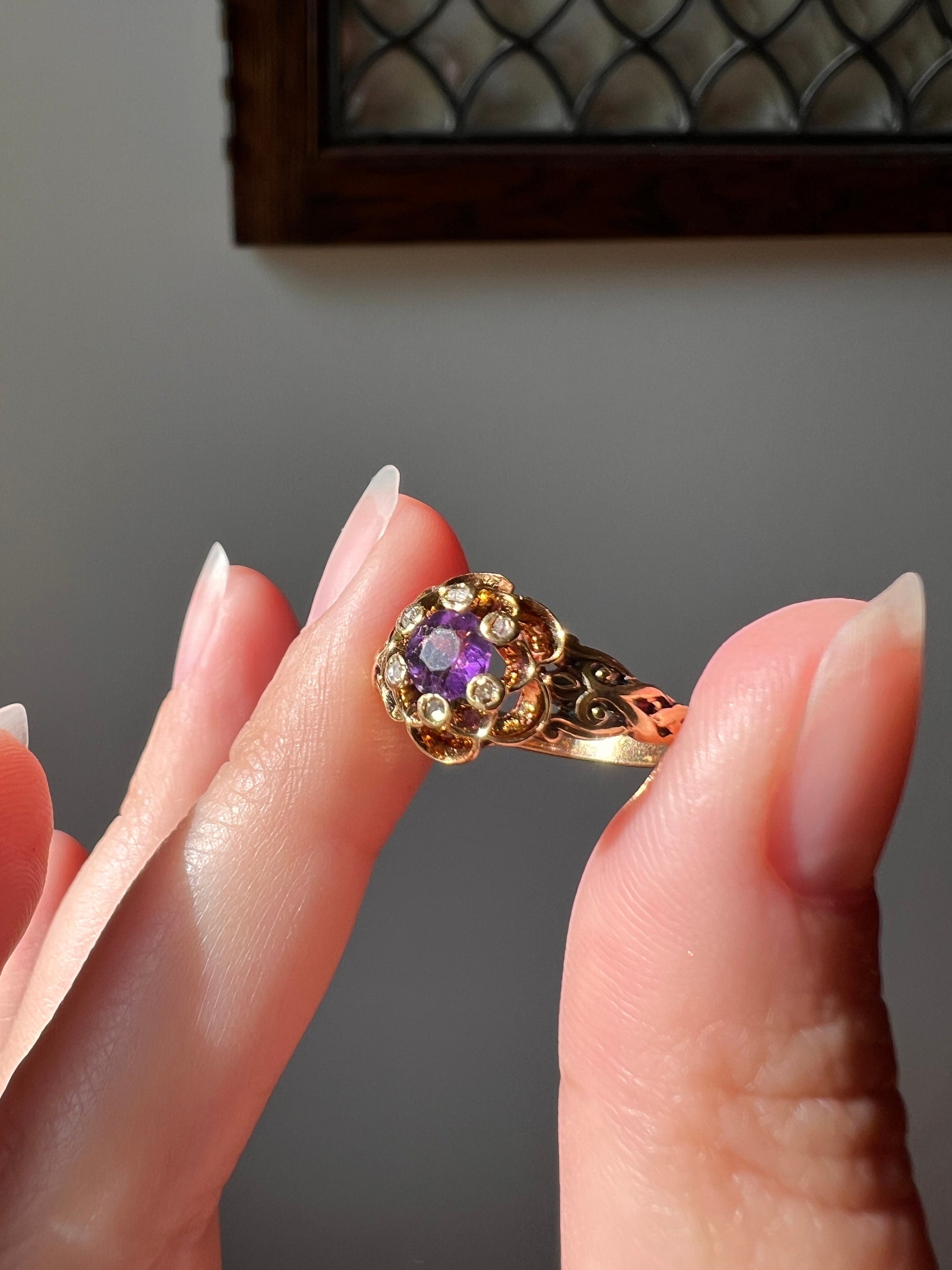 Victorian ANTIQUE Purple Amethyst Ring Rose Cut Diamond Gemset Prong Halo 18k Gold Braided Buttercup Ornate French Belle Epoque Stacker Gift