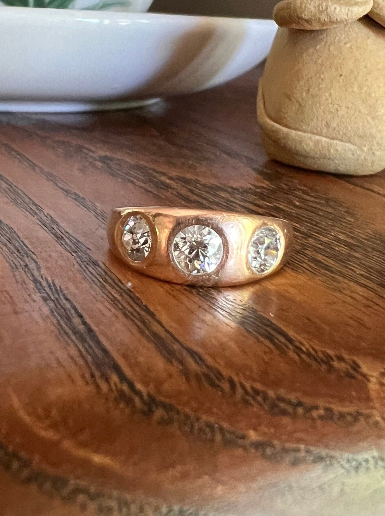 Three Stone 1.15 Carat Old European Cut ANTIQUE 18k Rose Gold Ring Chunky Stacker Gypsy Band French Belle Epoque Romantic Gift OEC Unisex