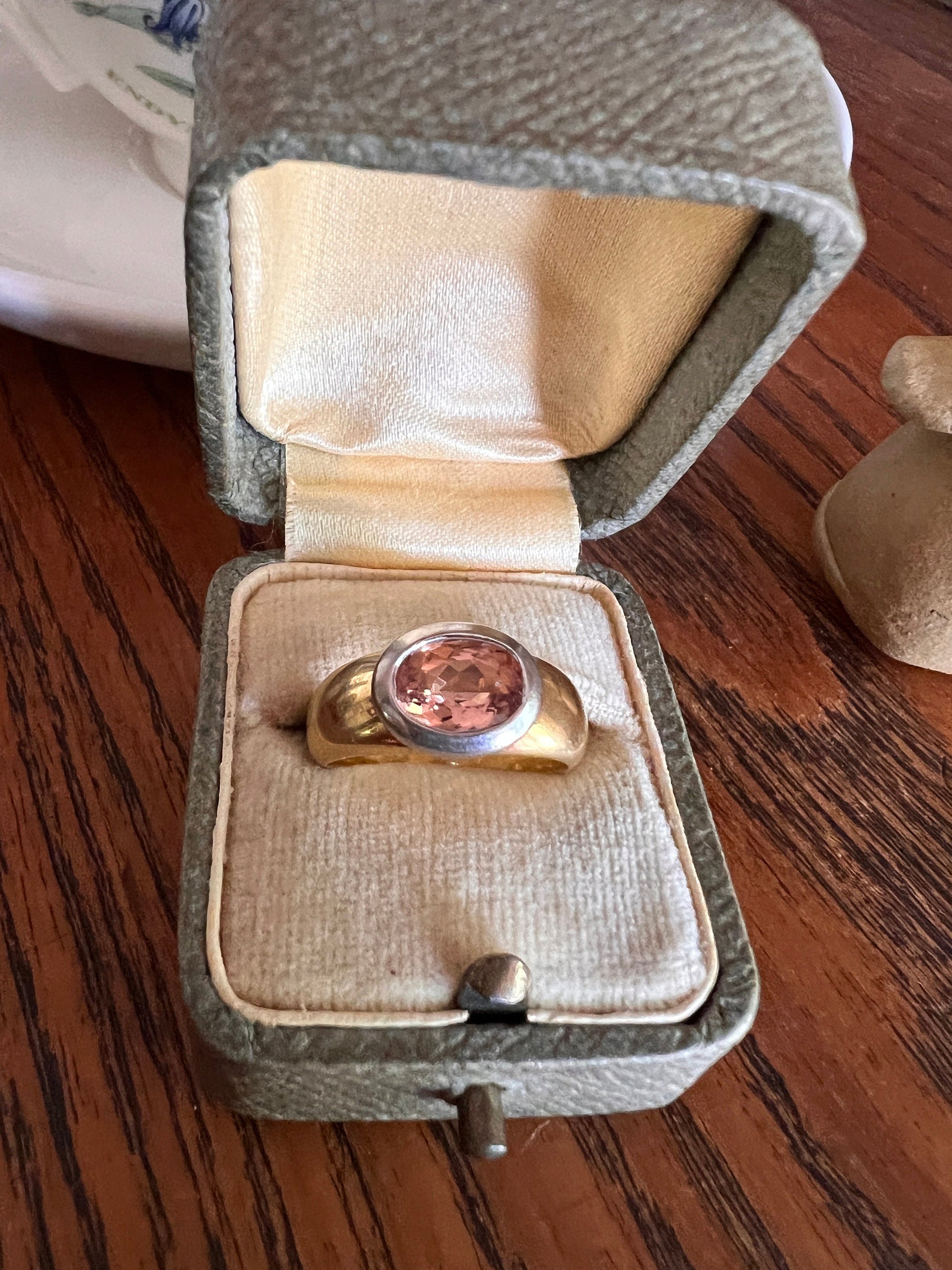 IMPERIAL TOPAZ 1 Carat Natural Peach Chunky Retro Vintage Gypsy Band 18k Gold Platinum Ring Domed Stacker Oval Romantic Gift Wide Solitaire