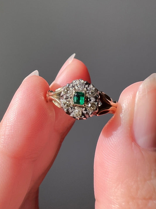 DATED 1847 Natural EMERALD Old Mine Cut Diamond Halo Locket Ring 14k Gold Victorian ANTIQUE Green Romantic Gift Stacker Silver Collet OmC